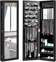 Giantex Wall Mounted Jewelry Cabinet with Full Length Mirror, Over The Door Jewelry Armoire Organizer with Large Storage, Makeup Mirror & Velvet Lining (Black)