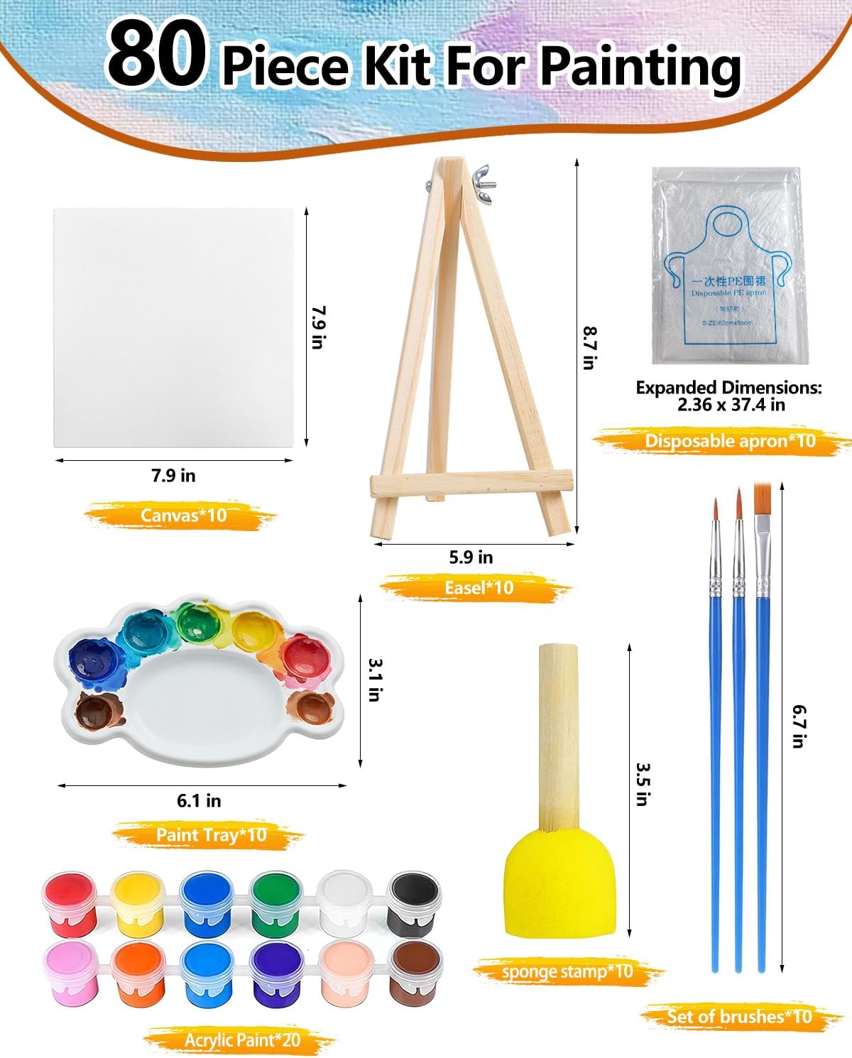 10 Pack Painting Supplies Kit, Acrylic Paint Set with Canvas Boards, Easels, Brushes & Paint Trays, Sip and Paint Art Kit for Party, Craft Class and Group Painting Sets