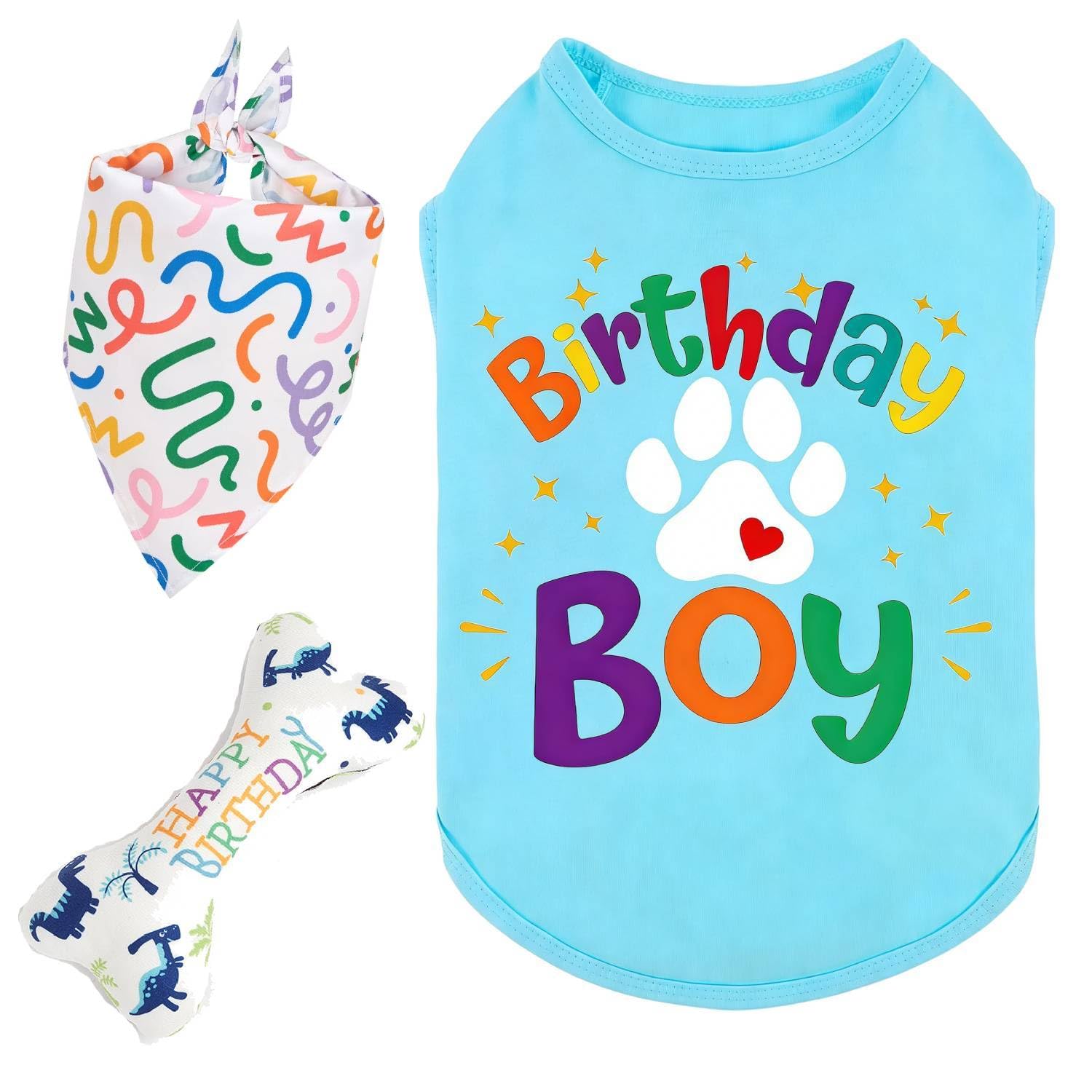 Cadeau anniversaire petit chien avec chemise colorée et jouet inclus
