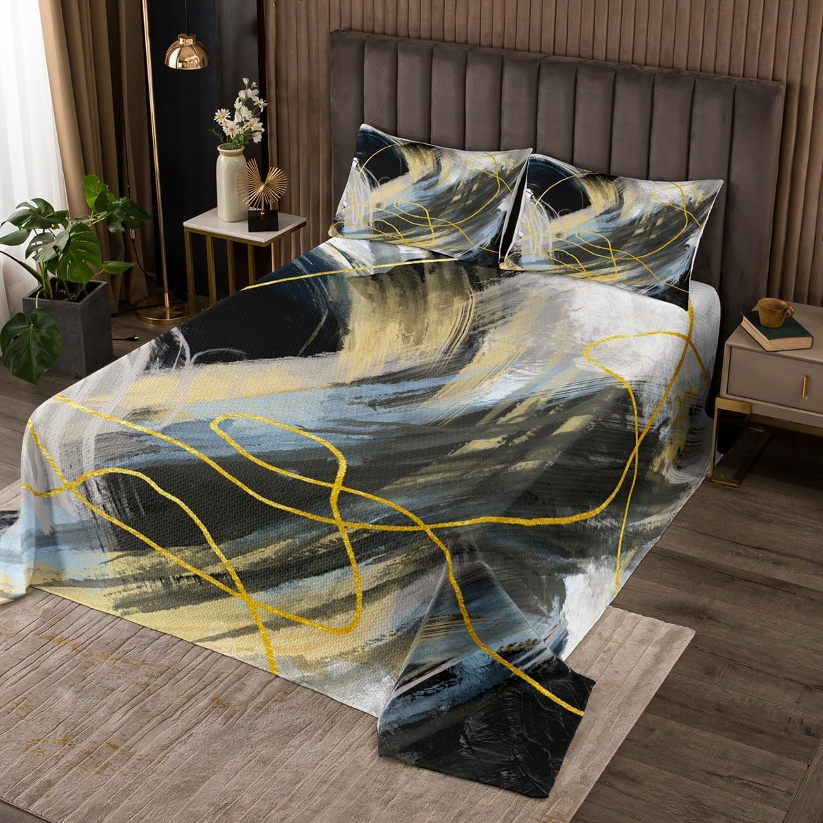 Erosebridal Coverlet Set Twin Size Line Bedspread for Kids Girls Boys Graffiti Grunge Aesthetic Oil Painting Quilted Coverlet White Black Gold Soft Luxury Quilted