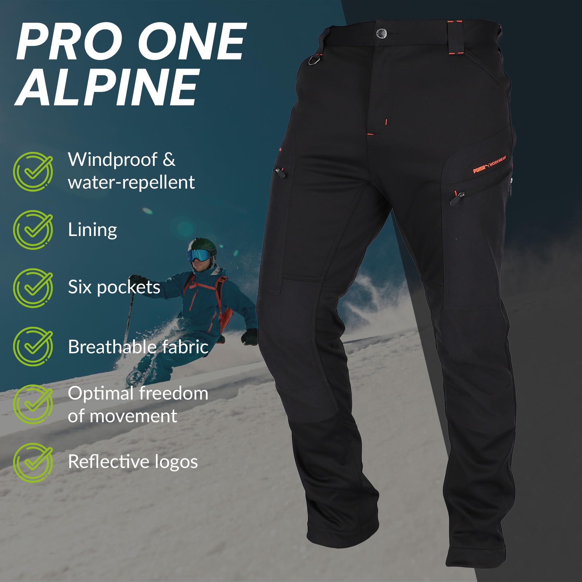 PUMA Workwear ProOne Alpine spodnie męskie z podszewką - spodnie outdoorowe dla mężczyzn - wiatroszczelne i wodoodporne spodnie softshellowe - elastyczne spodnie robocze, spodnie trekkingowe, męskie