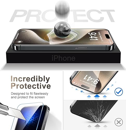 Miniatura 3 de CANSHN Paquete de 3 protectores de pantalla para iPhone 15 Pro Max, vidrio templado con marco de fácil instalación compatible con fundas 99.99%