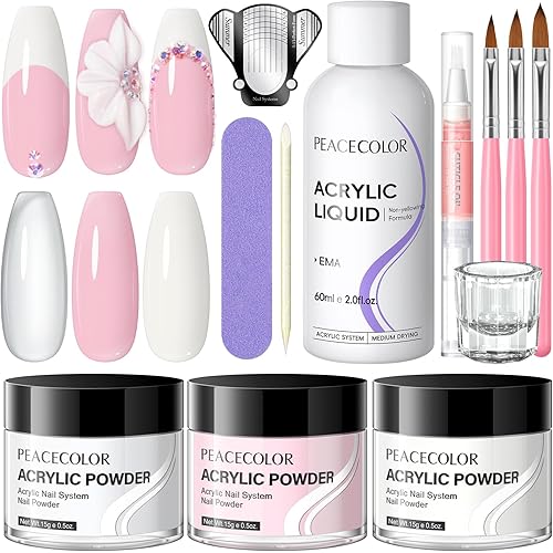 Peacecolor Acrylic Nail Kit ,Clear White Pink 15g Acrylic Powder and 60ml Liquid Set Brush Forms Cuticle Oil Pen Tools Manicure Nails Kit Acrylics Set for Beginners Gifts DIY Salon Home