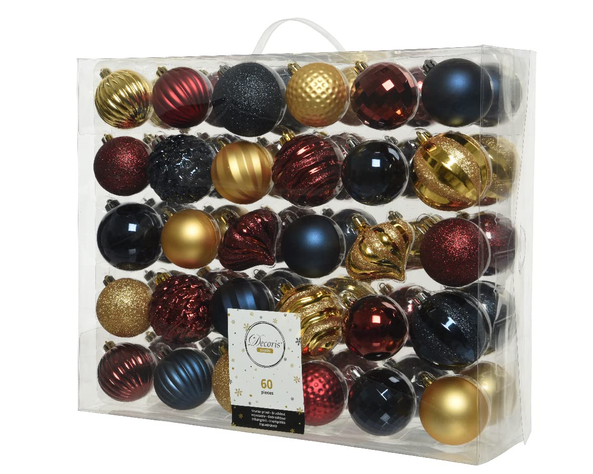 Kaemingk Lot de 60 boules de Noël en plastique - 6-7 cm x 60 boules de Noël - Rouge foncé - Or bleu
