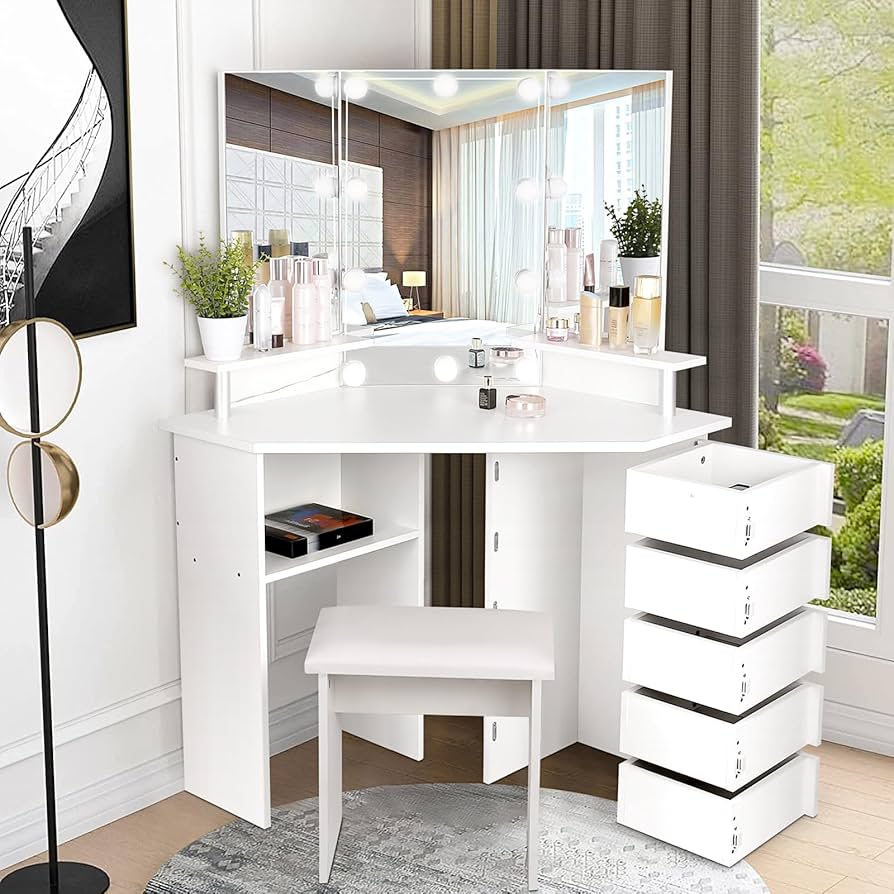 Compact Vanity Desk Set With Flip Top Mirror, LED Light, Makeup Vanity Table With Drawers For Small Space, Hidden Mini Vanity Dressing Table With Removable Upholstered Stool, Bedroom,White