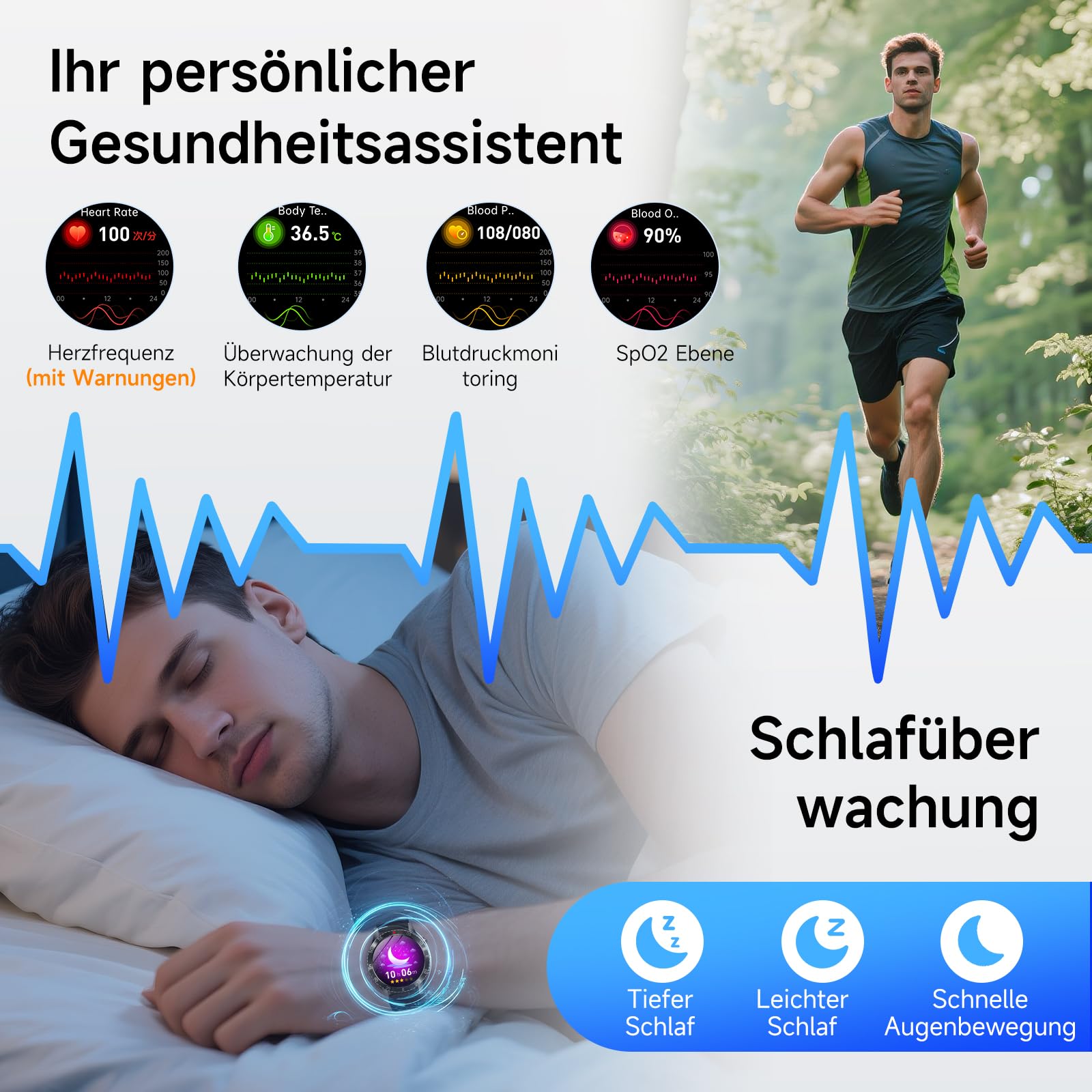 Neu Smartwatch Herren mit EKG+HRV & Blutdruck, 1,43" AMOLED Gesundheitsuhr | 24H Herzfrequenz, SpO2, Schlafmonitor, Körpertemperatur, Telefonfunktion, Harnsäure, SOS-Notruf, Fitnessuhr für Android iOS