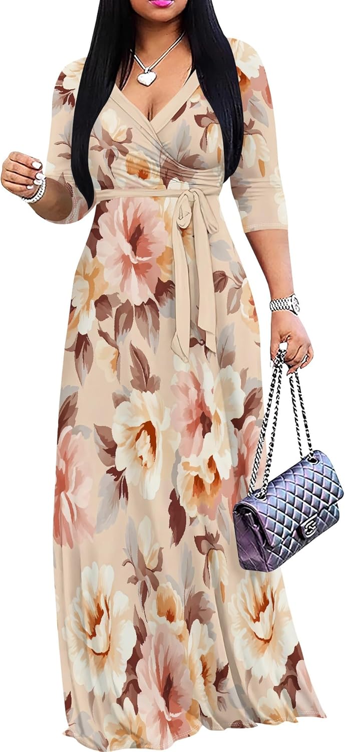 PINKPATTY Women's Plus Size Maxi Dress 3/4 Sleeves Casual Flowy Long Dress for Vacation with Pockets