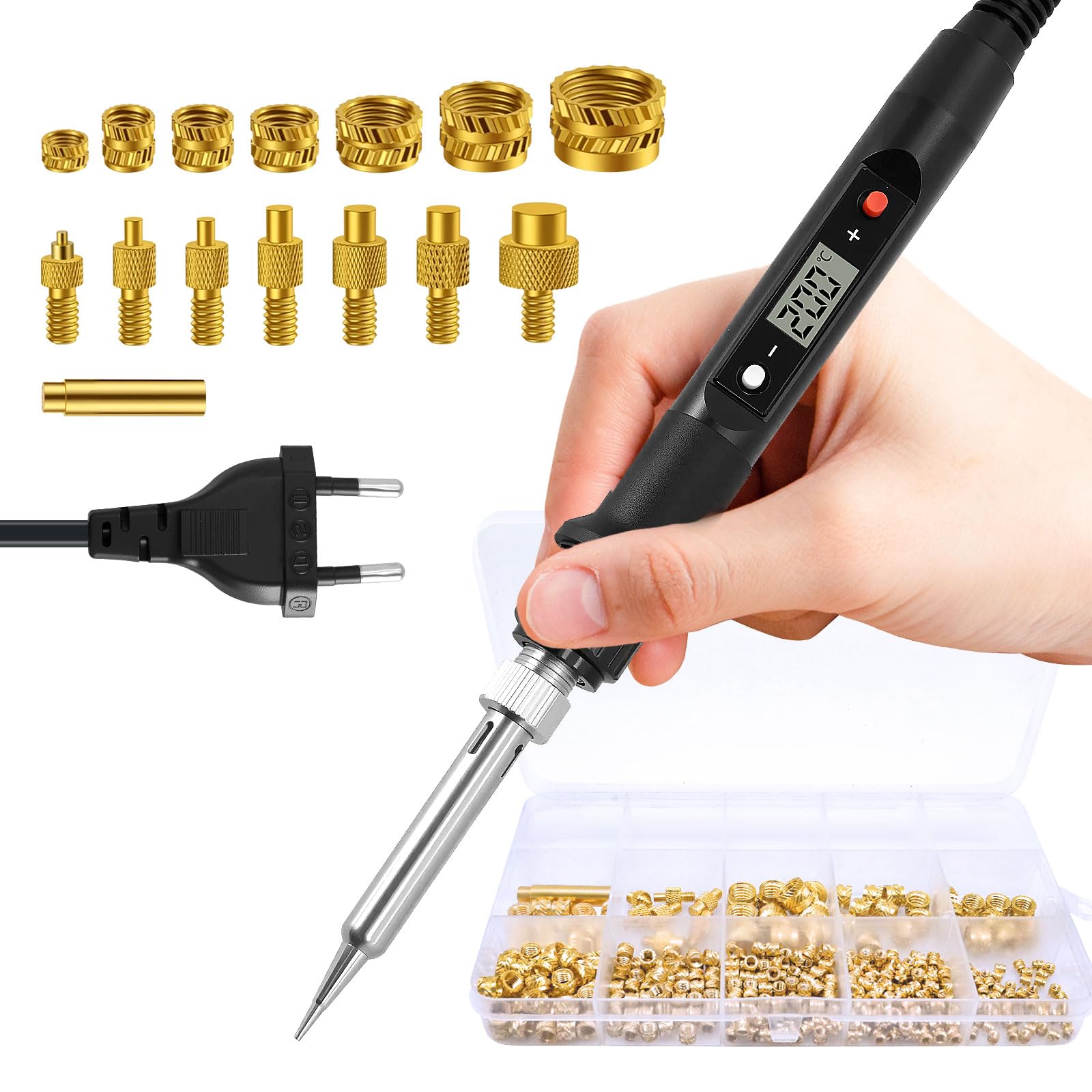 Zestaw lutownicy 388 sztuk, wkładki gwintowane z wyświetlaczem LED, regulowana temperatura, wkładki gwintowane i nakrętki bezpiecznikowe M2, M3, M4, M5, M6, M8, kompatybilne z akcesoriami do drukarek