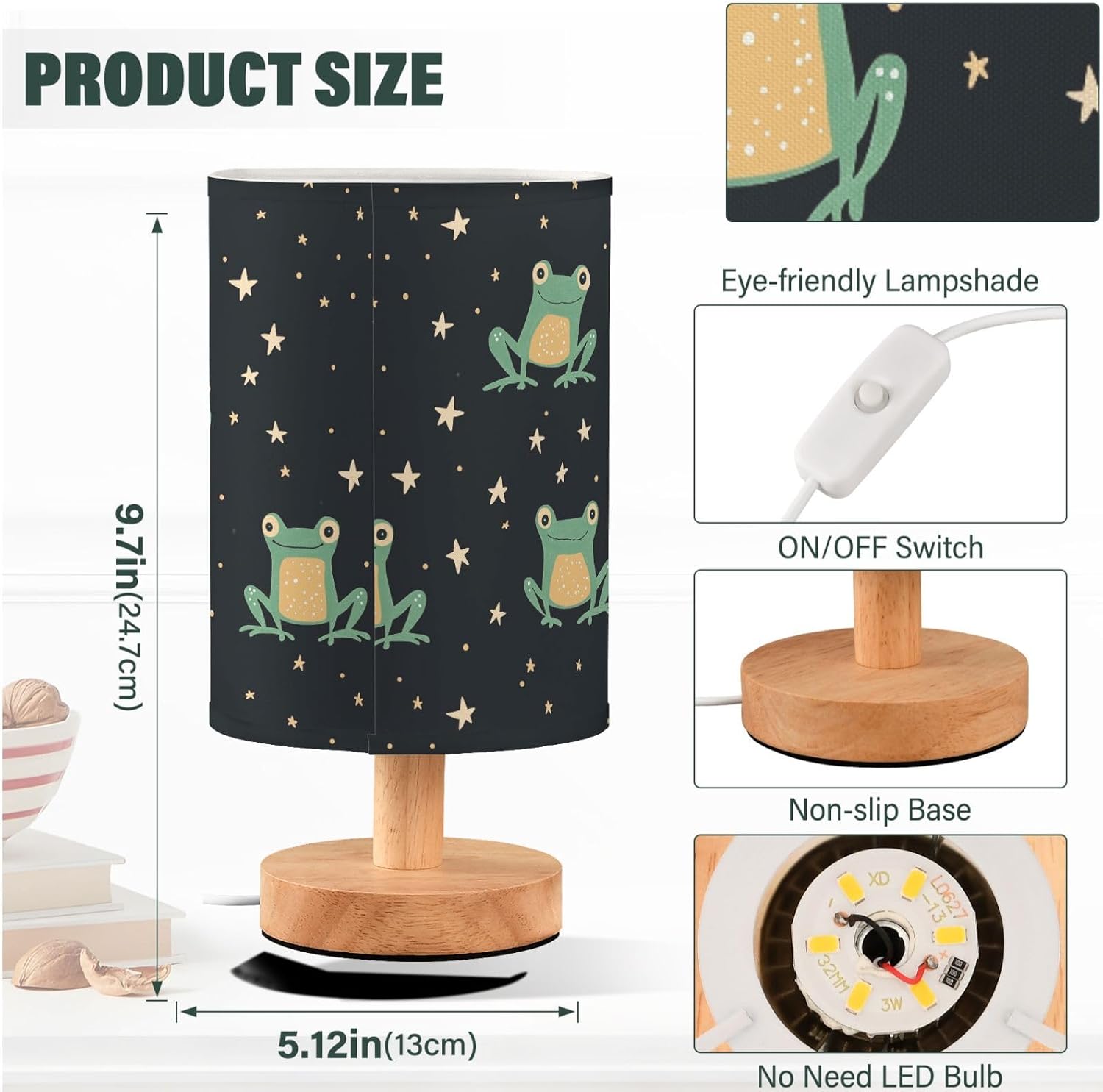 Fustylead Cartoon Green Frog and Stars Black Bedside Table Lamps with USB Port for Bedroom Lamp Small Nightstand Lamp Sturdy Linen Shade Wooden Decorative Lamps for Kids Nursery Room Girls Boys