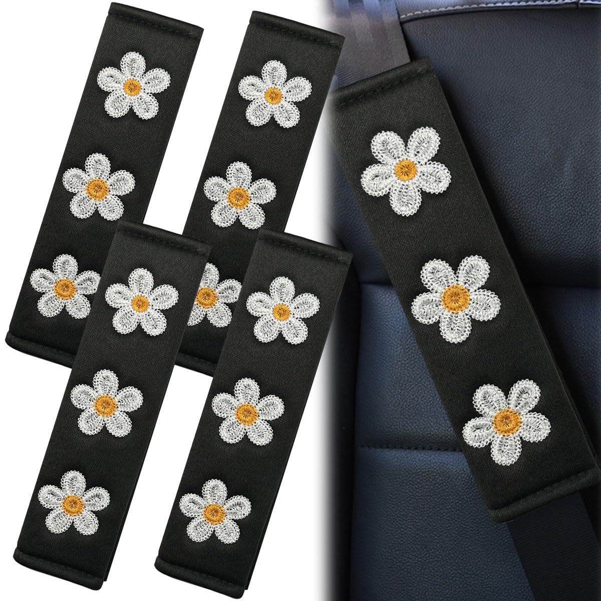 4PCS Daisy Flower Car Seat Belt Cover Pads, Protect Neck, White