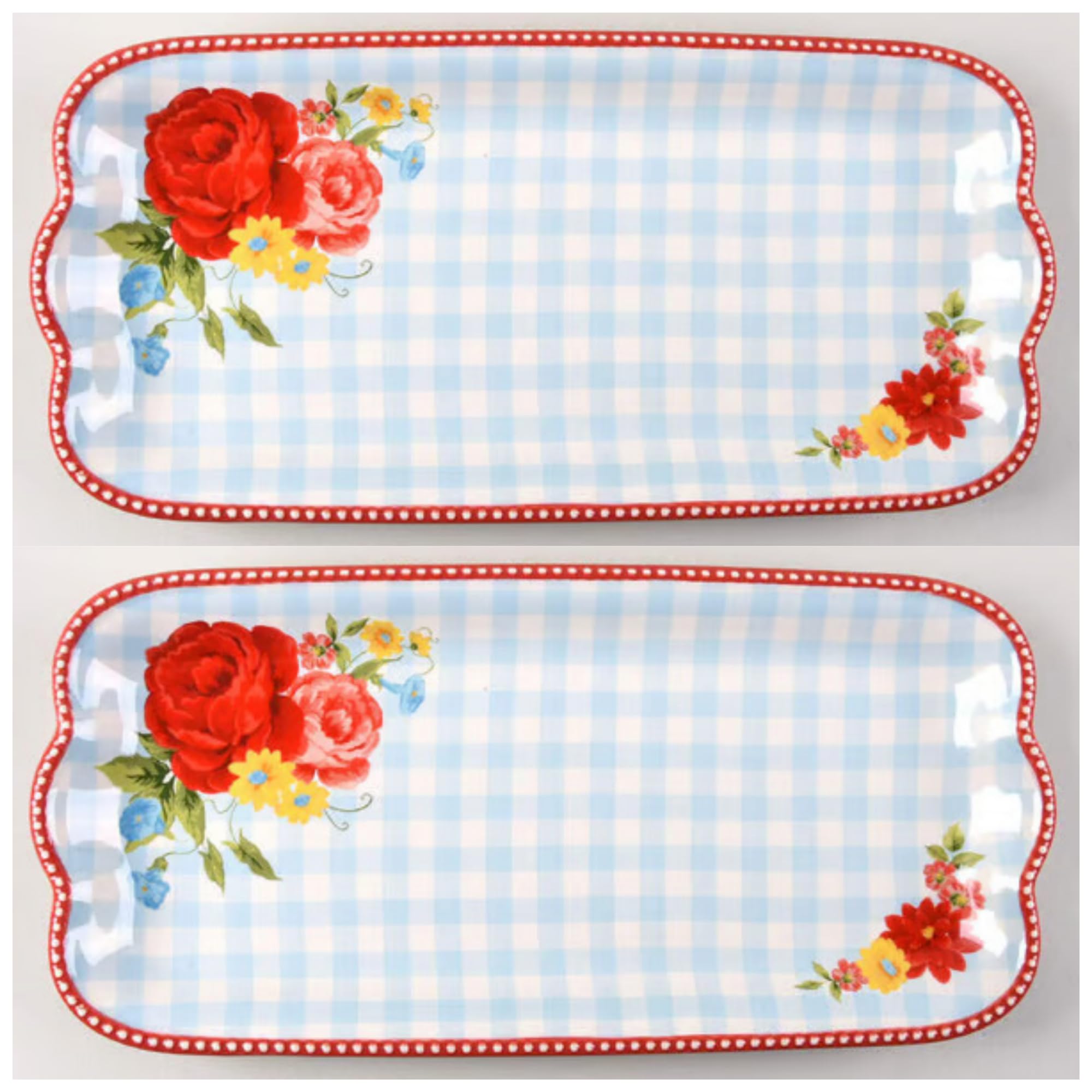 Decorative Floral Serving Tray, Vintage Rose Pattern, Blue Scalloped Edge, Set of 2
