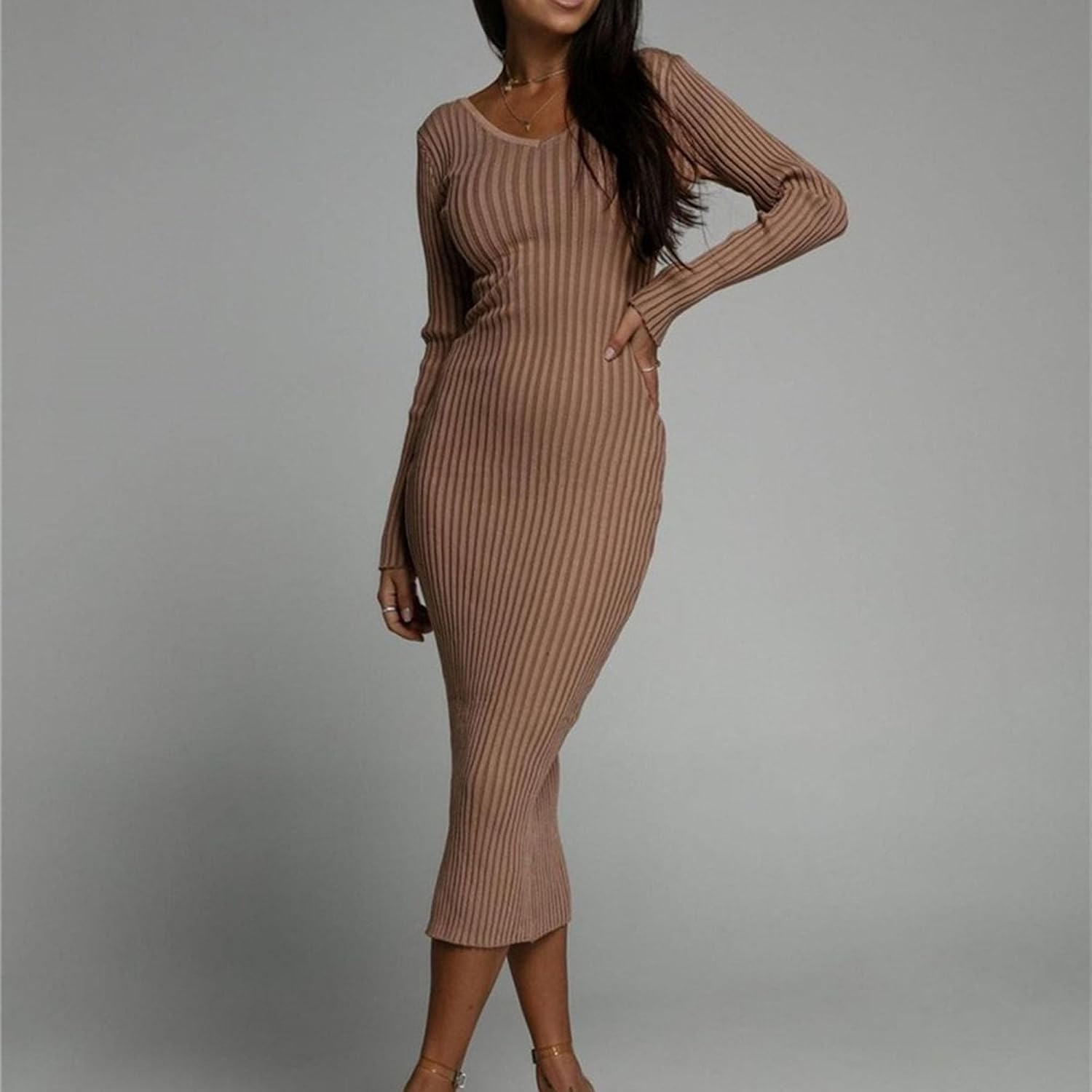 Generic Women's V Neck Cable Knit Sweater Dress Long Sleeve Bodycon Pullover Midi Dress Winter Casual Oversized Sweaters