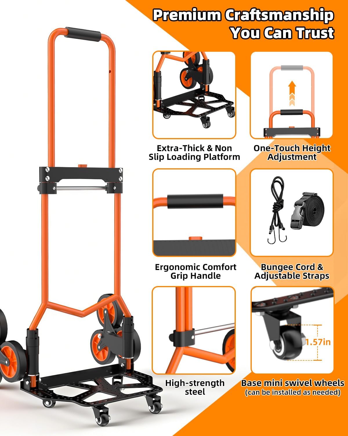 Folding Stair Climbing Dolly, 220Lbs Capacity, Portable Dolly Cart with 10 Wheels and Telescoping Handle, Lightweight Hand Truck Cart for Flat Ground & Stairs, School, Dormitory, Home, Office, Food