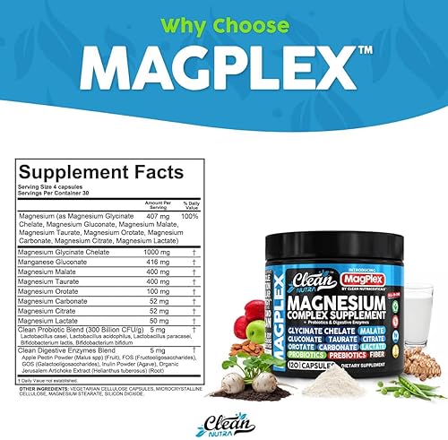 Miniatura 5 de Complejo de suplemento de magnesio 8 en 1  Citrato de glicinato de magnesio, malato, gluconato de orrotato, carbonato lactato + prebióticos,