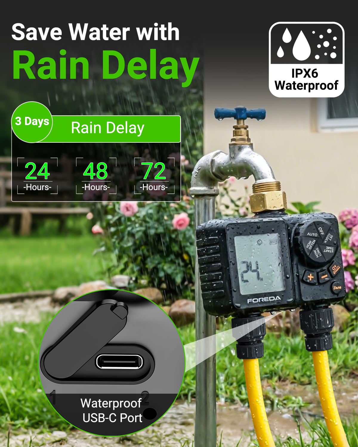 Temporizador de aspersor recargable de 2 salidas, entrada de latón, temporizadores de agua de riego programables para manguera de jardín con retardo de lluvia/modos manual/automático