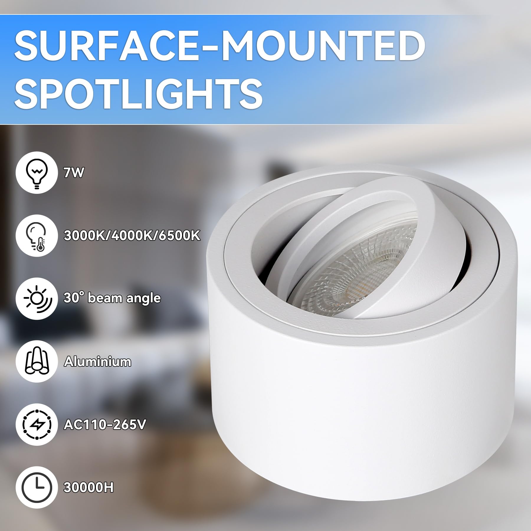 CANMEIJIA Reflektor sufitowy LED 7W ściemnialny, sufitowy, Ø80x50mm, bardzo płaski, obrotowy o 30°, montowany na powierzchni, 3000K/4000K/6500K, reflektor sufitowy aluminiowy, okrągły, biały, 4 sztuki
