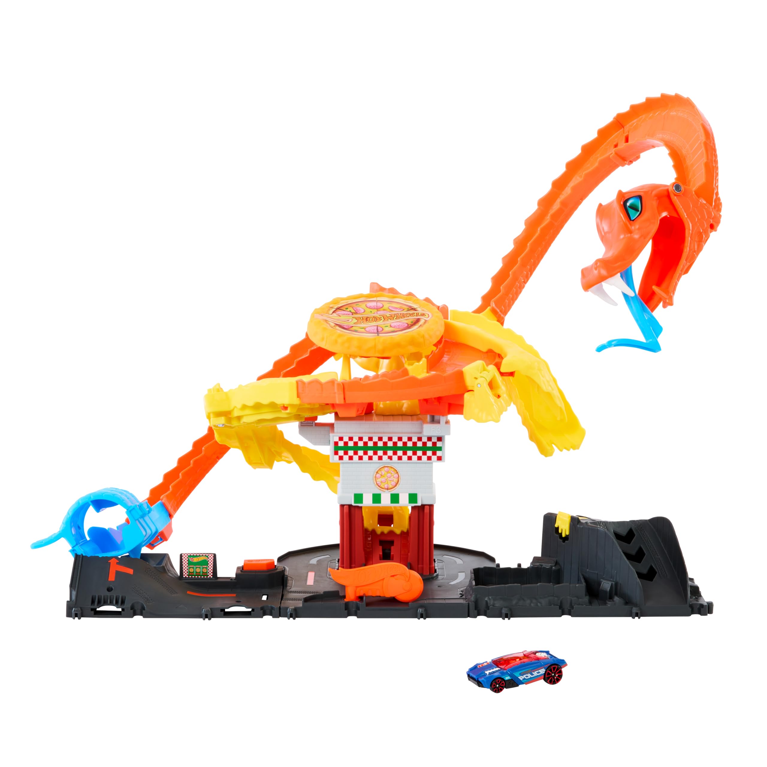 Hot Wheels City Let's Race – Na start! - Netflix - Odjazdowa pizza – Atak kobry Zestaw ze spiralnym torem w kształcie ogona kobry i autkiem w skali 1:64, HTN81