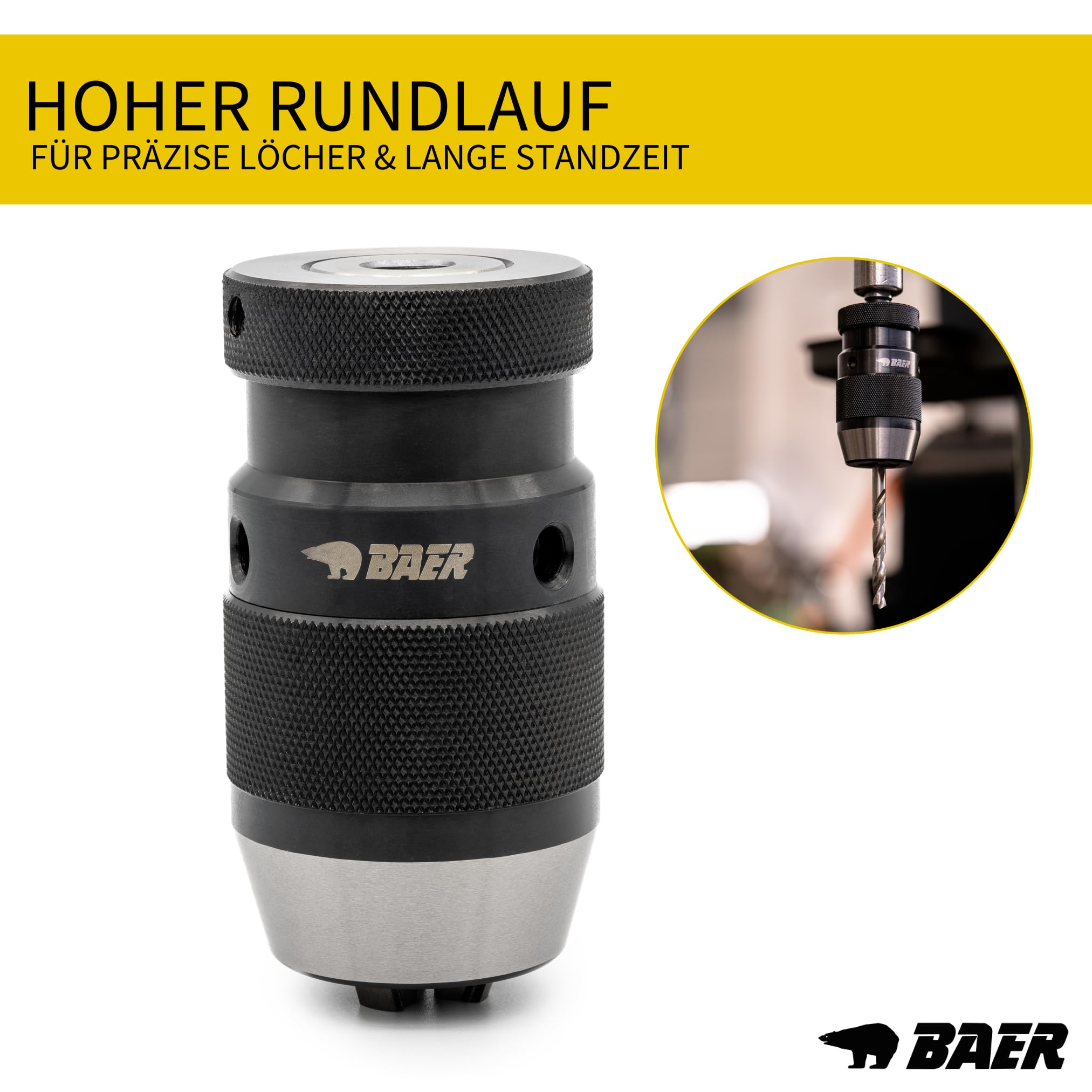 BAER Bohrfutter 0,2–16 mm, Präzisions-Schnellspannbohrfutter UNF 1/2 x 20 | Bohrfutter Rundlaufgenauigkeit 0,15 mm für Bohrhammer, Ständerbohrmaschine, Fräsmaschinen & Drehmaschinen - öffnen per Hand