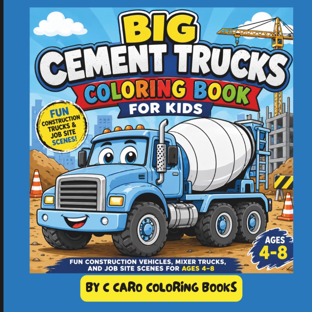 Big Cement Trucks Coloring Book for Kids: Fun Construction Vehicles, Mixer Trucks, and Job Site Scenes for Ages 4–8
