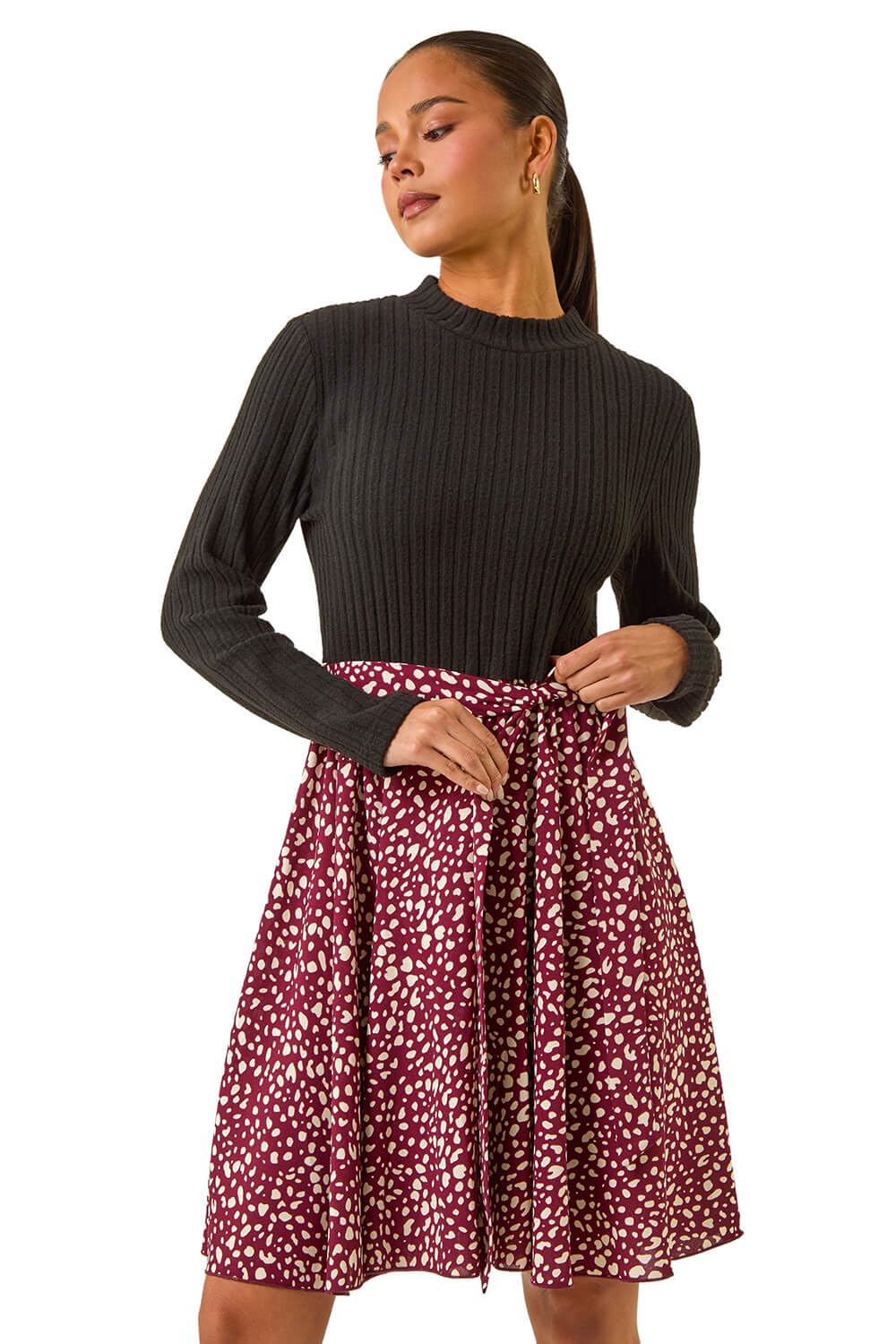 Roman Women's Burgundy Petite Spot Print Tie Front Dress In | Size: 18