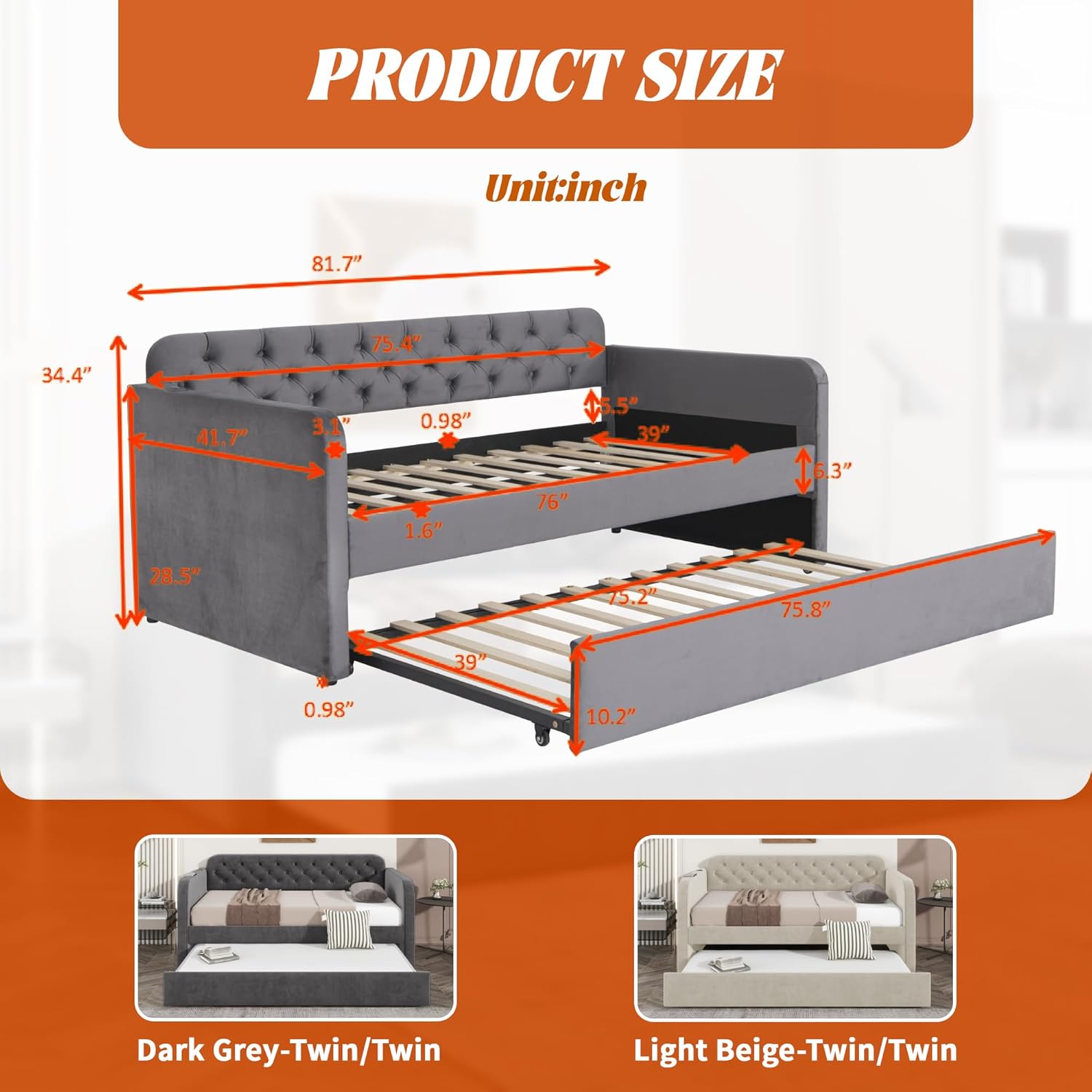 Daybed with Trundle, Twin Size Upholstered Velvet Day Bed Pull-Point Sofa Daybed Frame w/Roll-Out Trundle and USB Port, No Box Spring Needed, Furniture for Living Room (Dark Grey, Twin)