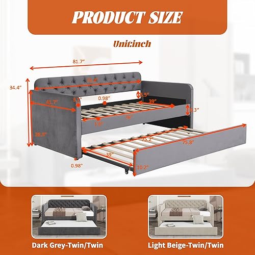 Miniatura 2 de Sofá cama con nido, cama de día tapizada de terciopelo tamaño individual, marco de sofá cama de día con nido enrollable y puerto USB, no necesita