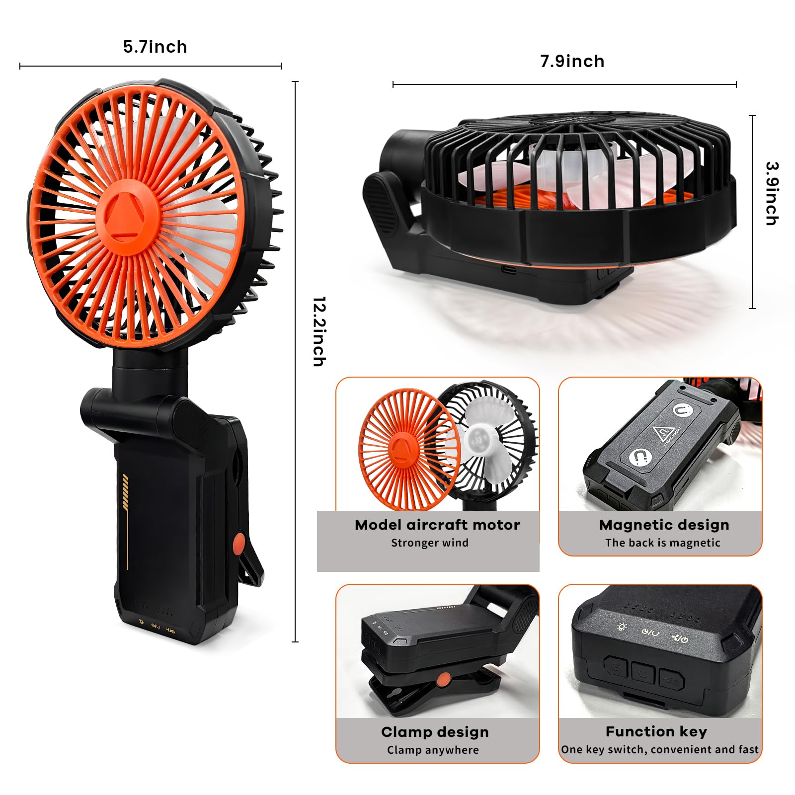 Ventilateur portable magnétique avec lumière LED – 4 vitesses réglables, rotation à 70°, 2 heures, ventilateur à clip pour poussette, voyage, camping, golf, salle de sport (orange)