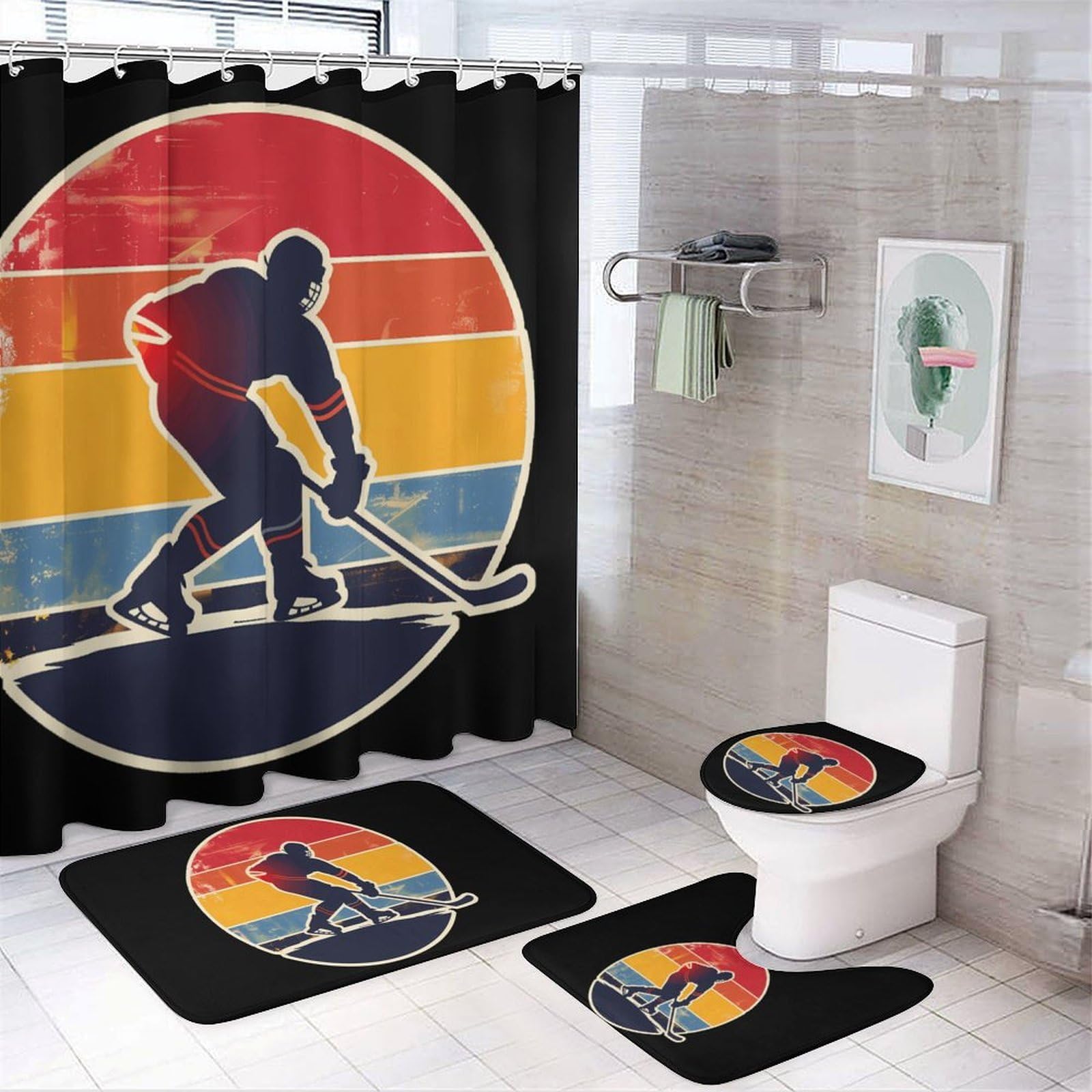 CGSBNGHA Hockey Vintage Hockey Player Shower Curtain Set 4 Piece Bathroom Sets with Rugs Toilet Lid Cover And U-Shaped Floor Mat
