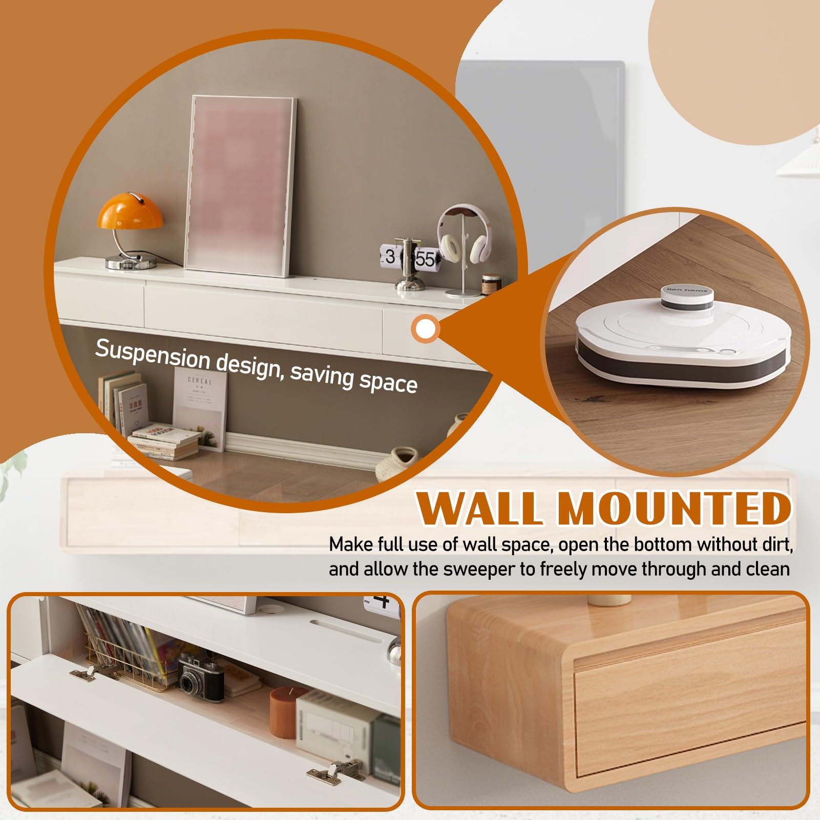 Supporto TV Sospeso In Legno Massello - 160x20x24 Cm, Bianco-Marrone, Fino A 100kg - Foto 10