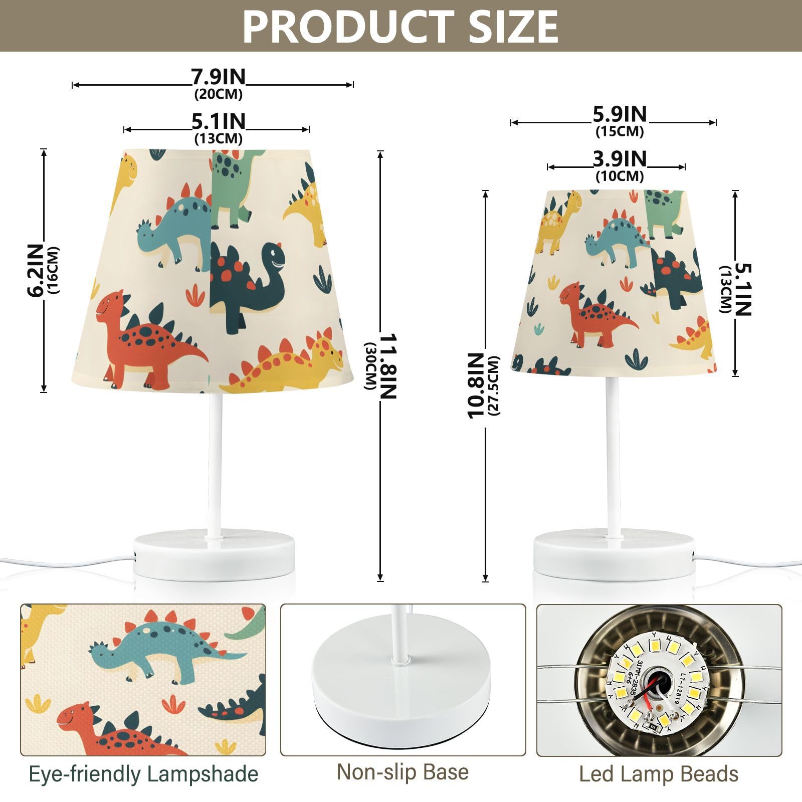 Mnsruu Lámpara de mesita de noche con dibujos animados de dinosaurio, lámpara de mesa infantil, bombillas LED, lámpara de escritorio, pantallas de tela para dormitorio, sala de estar, mediana