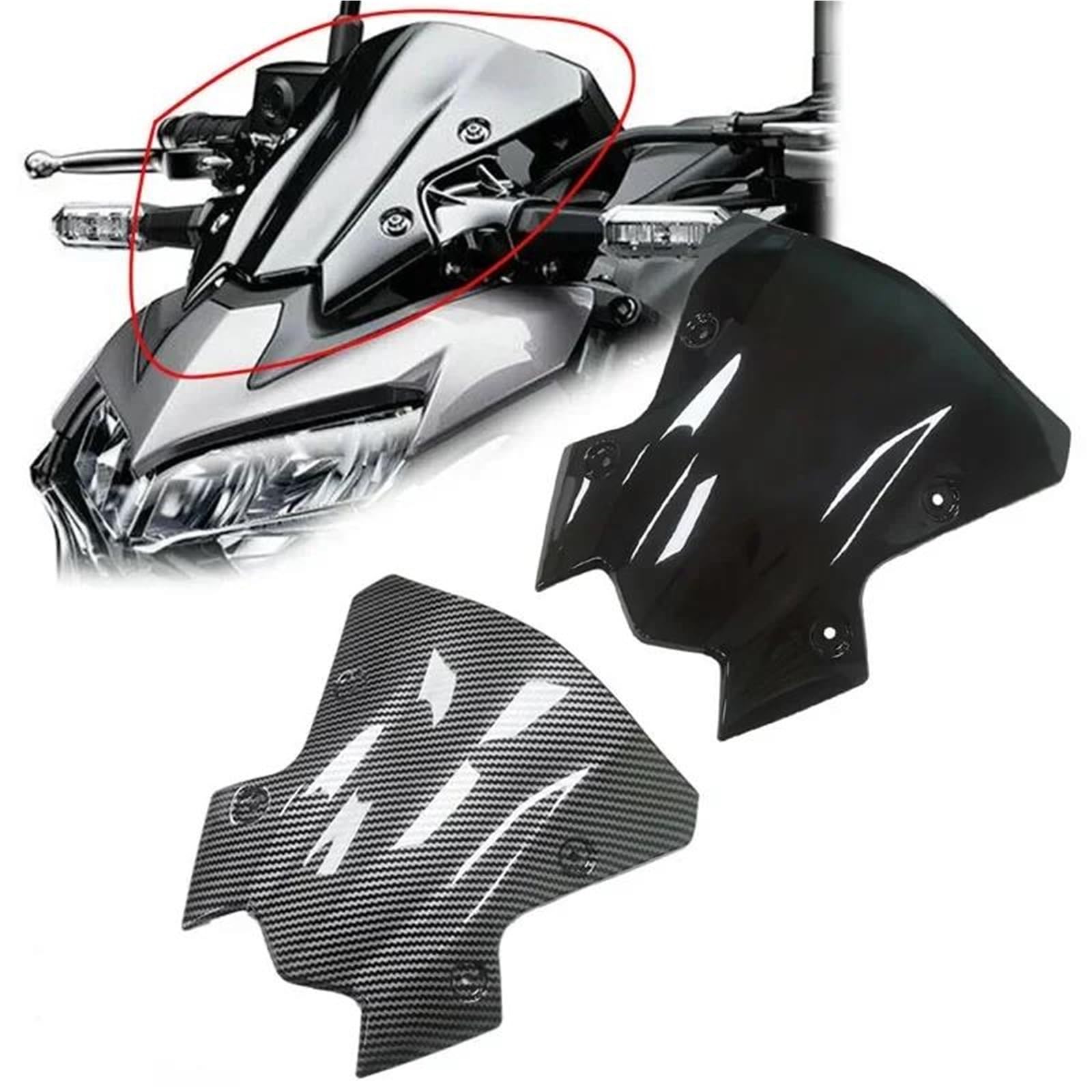 Kit de carenado Parabrisas De Motocicleta con Soporte Pantalla Aspecto Fibra Carbono Y Color Negro para Kawasaki Z900 2020-2023(Carbon Fiber Look)
