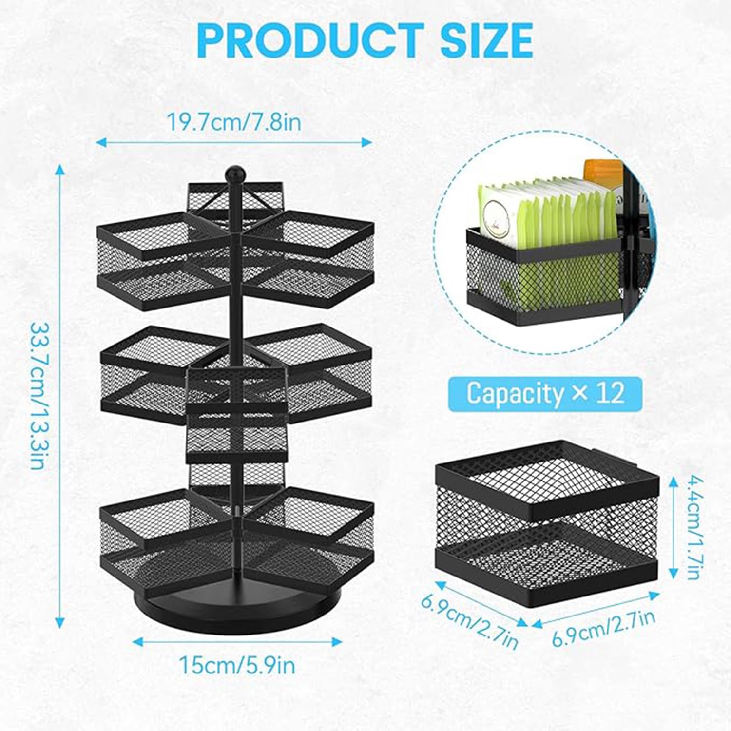 iDavosic.ly Metall Teebeutelhalter, Drehbar Teeboxen für Teebeutel Teebox Groß mit 9 Fächern, Teeregal Teebeutel Aufbewahrungsbox Tee Organizer für 108 Tea Bag (Schwarz)