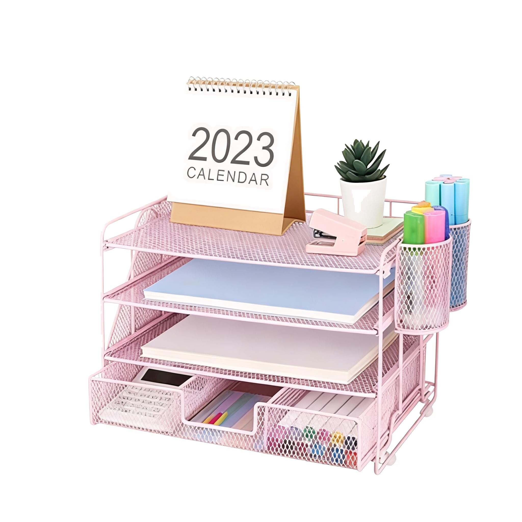 Yixannx Pink Multi Tier Organization Desk File Rack Metal File Organizer,