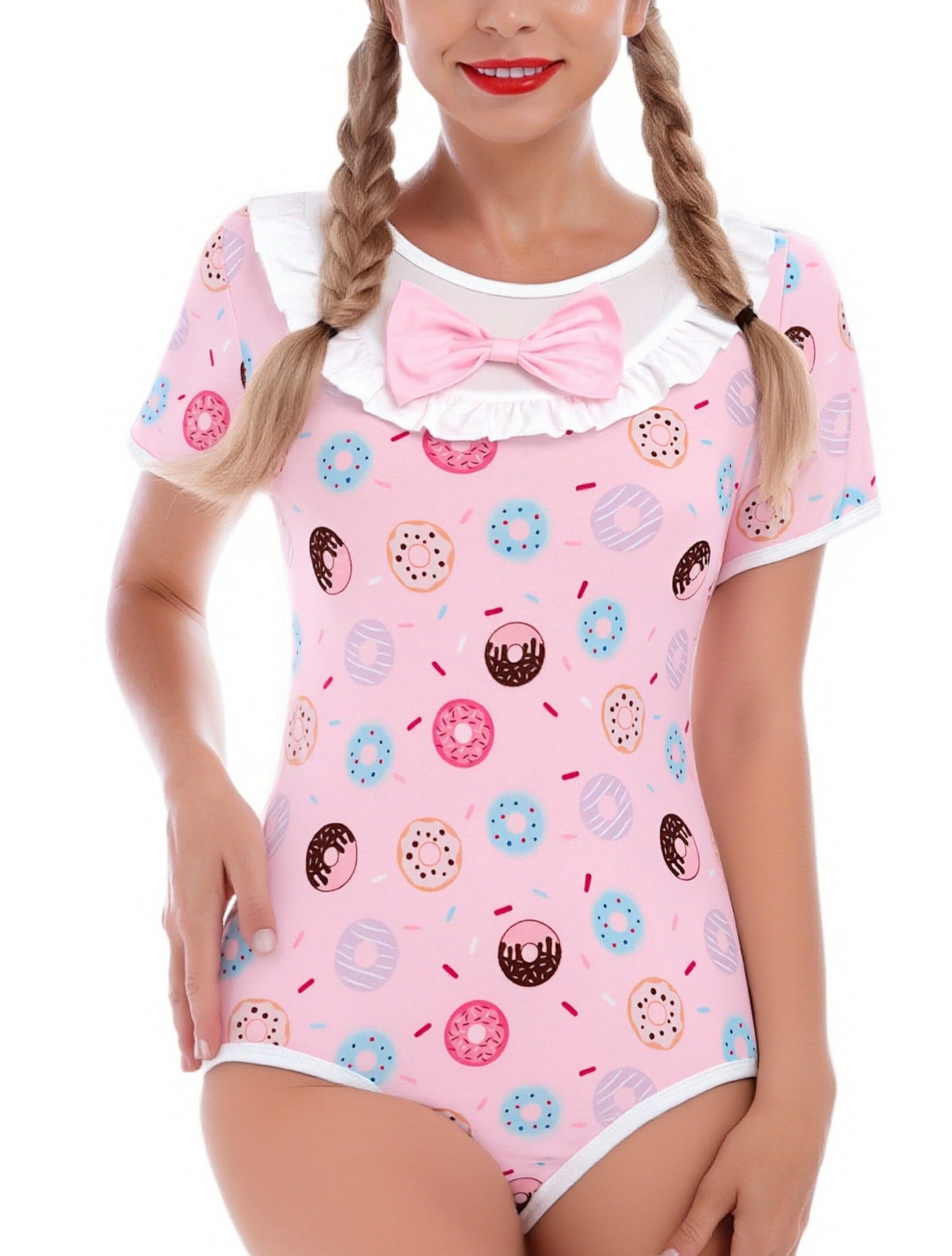 ABAFIP Women's Cute Print Romper Pajama Bodysuit Bowknot Short Sleeve One Piece Leotard Nightwear Top