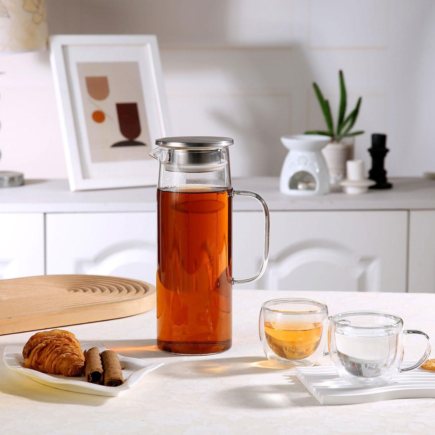 Jarra de vidrio resistente al calor con tapa y boquilla, jarra de té helado de vidrio para nevera, jarra de agua de vidrio y jarra de 1500 ml