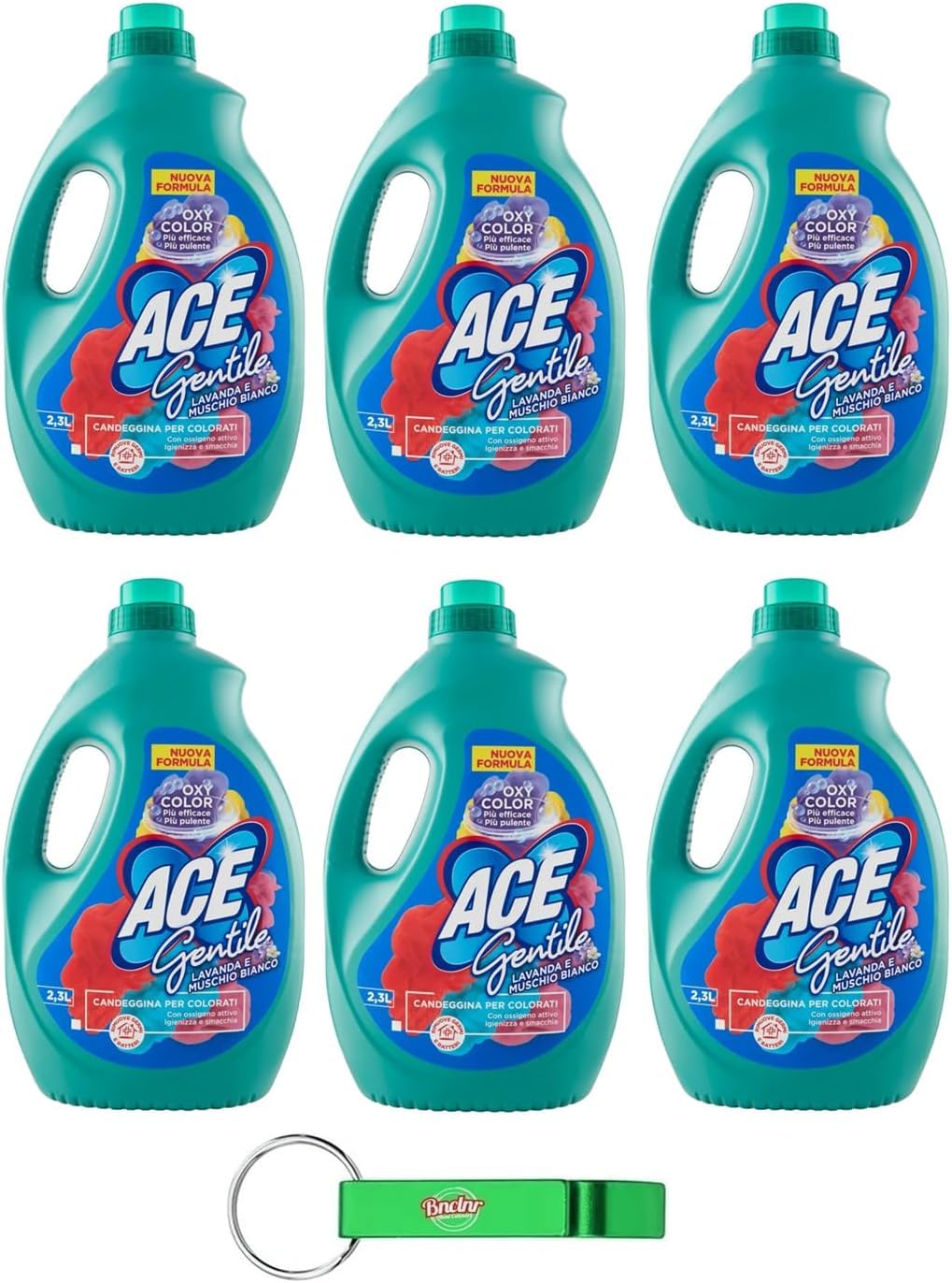 6 x Ace Gentile Candeggina per Colorati, candeggina per colori, lavanda e muschio bianco, efficace contro le macchie, 2300 ml + portachiavi Beni Culinari gratuito