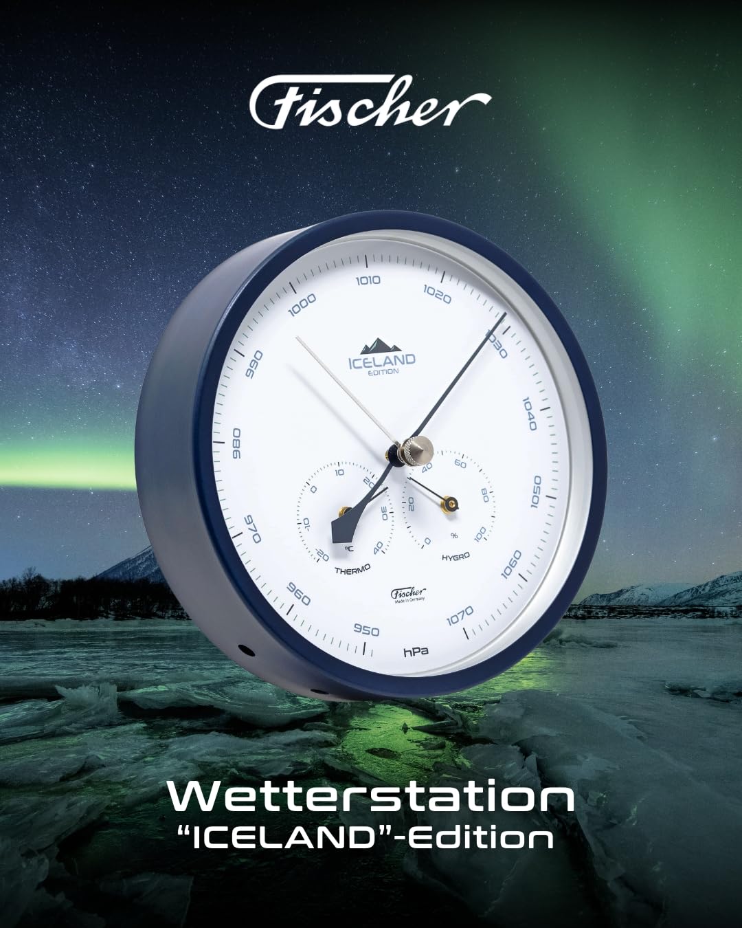 Fischer 1602-15, Wetterstation, Glas, Edelstahl | Barometer mit Thermometer und Hygrometer, Island-Edition Stahlblau, Messbereich 20-100 % r. F., Genauigkeit ± 5 % r. F.