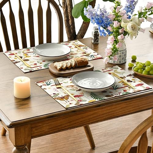Miniatura 3 de Artoid Mode Juego de 4 manteles individuales modernos de hongos beige de 12 x 18 pulgadas para decoración de fiestas, cocina, comedor