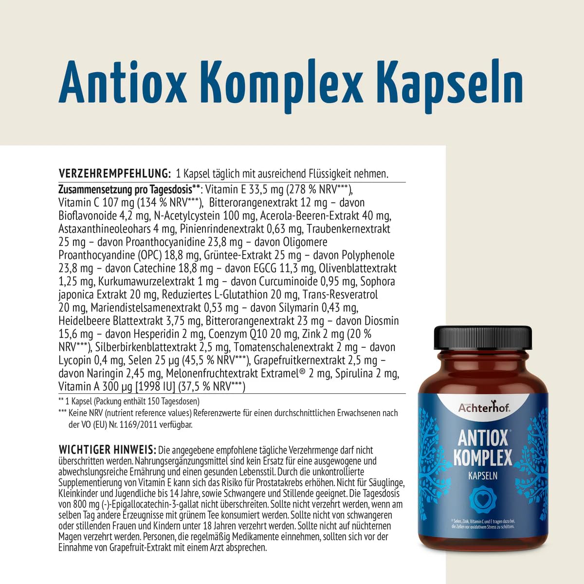 Antiox Komplex Kapseln 125 Stück | mit 23 antioxidativen Pflanzen und Essenzen | mit Selen, Zink, Vitamin C und E | für 150 Tage | Achterhof