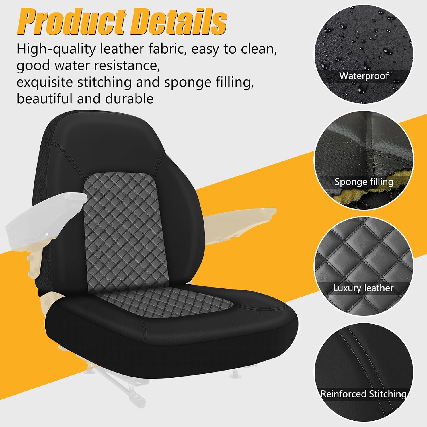Tractor Seat Cover Leather, Heavy Duty Forklift Seat Cover for Bulldozers Compatible with Bobcat Kubota Cat John Deere, Black Leather Gray Stitches