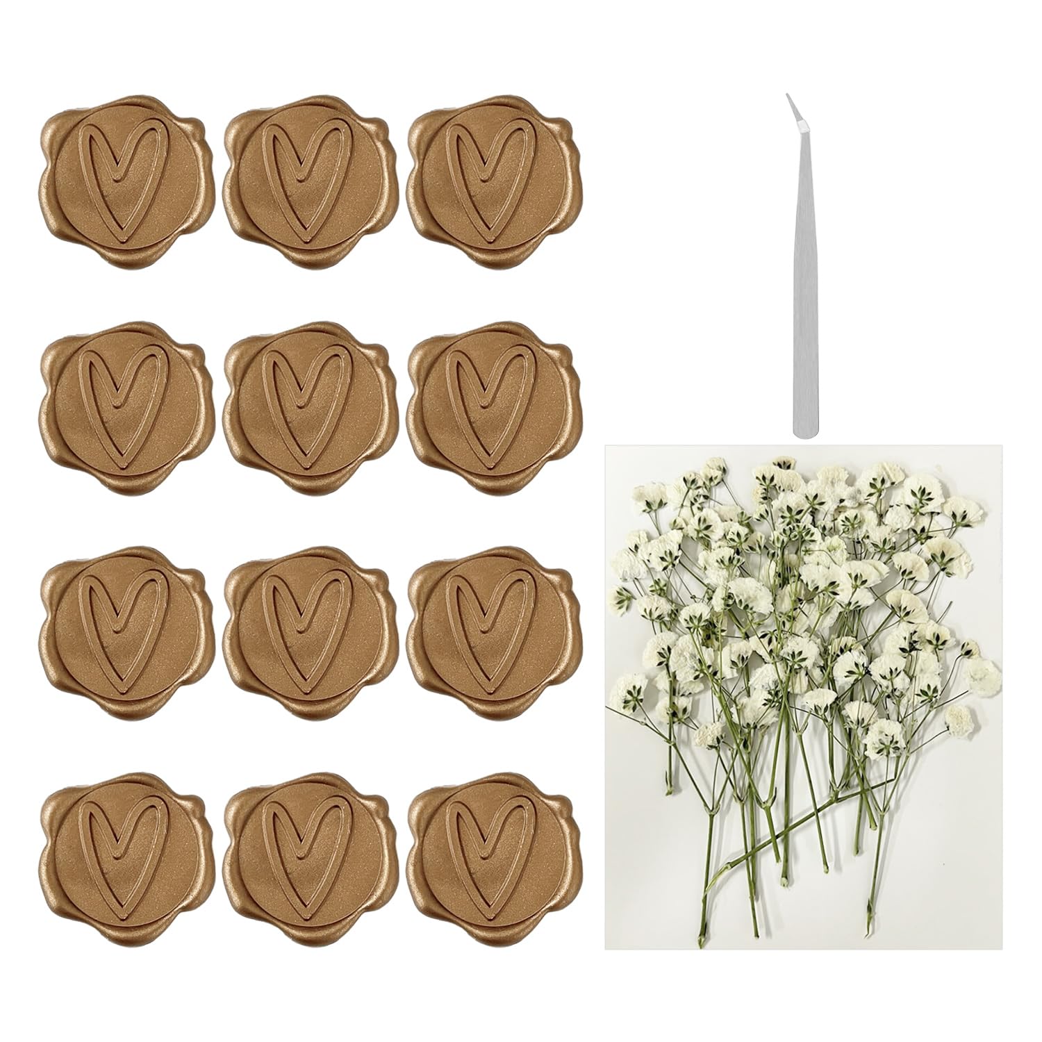 Ubsiuh Bronze 12 Self-Adhesive Golden Wax Seals, 12 Dried Flowers, 1 Tweezer, Retro Sealing Stickers, Diy Envelope Decoration, Suitable For Invitations And Envelopes.