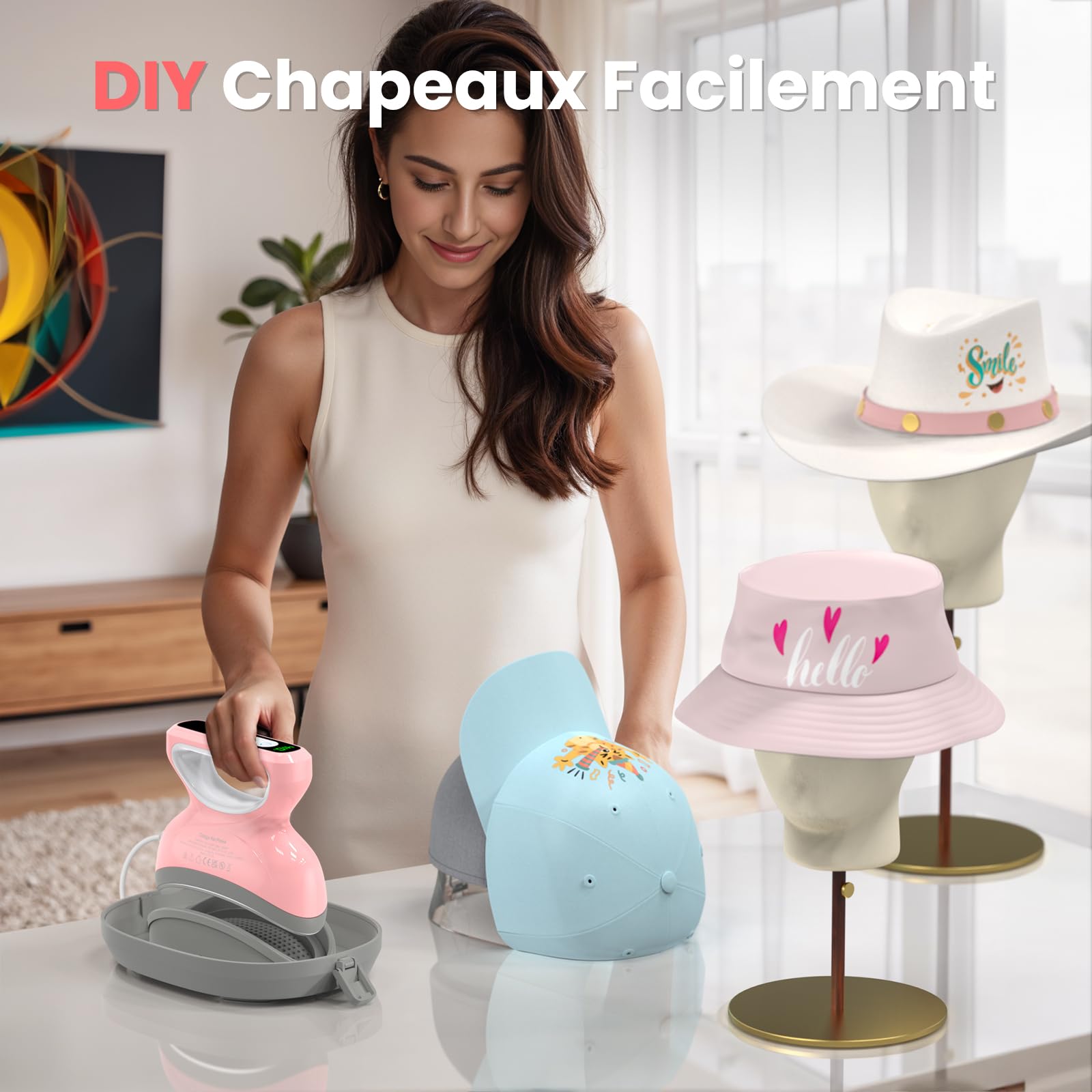 Calogy Mini presse à chaud pour chapeaux, compte à rebours température maximale de 210 ℃ avec base de presse ronde, machine de transfert de chaleur pour casquettes, bavoirs, snapbacks, bonnets (Rose)