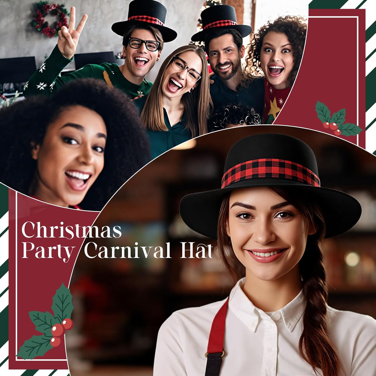 Shihanee 20 Pcs Christmas Snowman Top Hat with Plaid Band Tree Topper Christmas Ugly Sweater Party Hats for Xmas Holiday