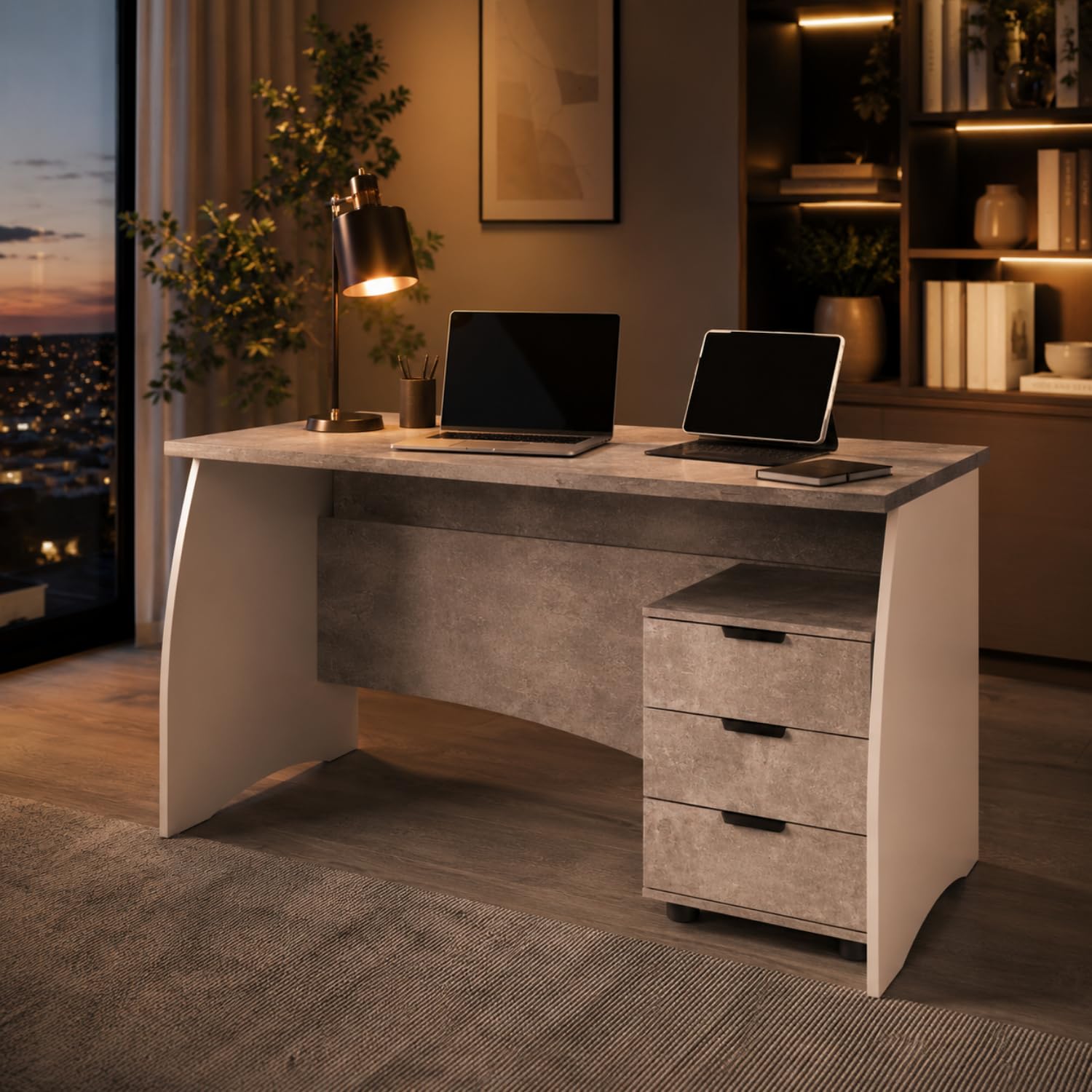 Arreditaly Scrivania con 3 Cassetti Bliss Scrittoio da Studio o Ufficio Mobile Desk da Soggiorno Sala da Pranzo 136 x 74 x 67 cm Colore Bianco E Grigio Cemento