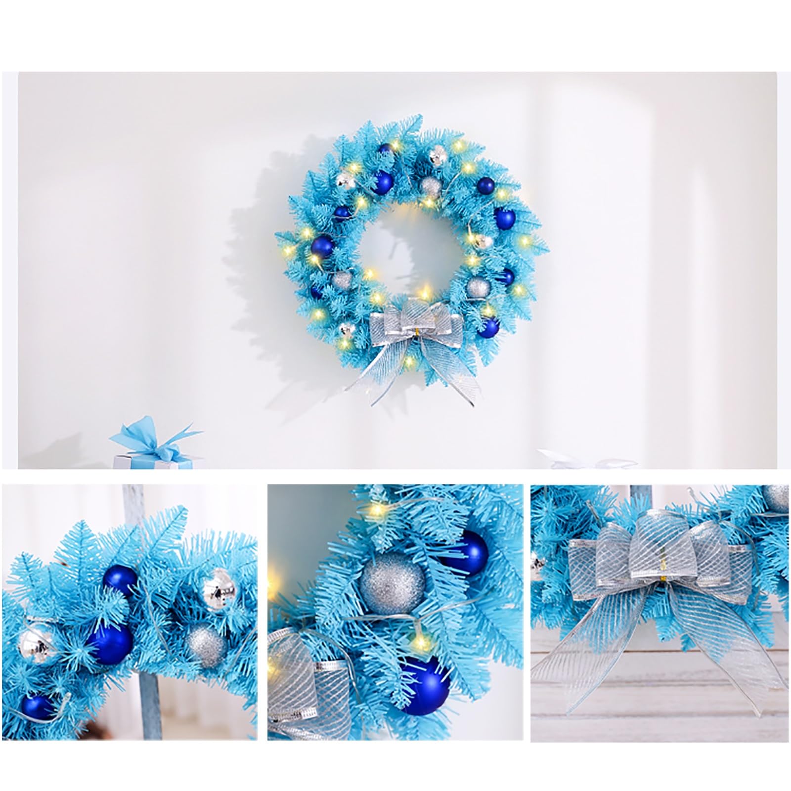 Blauer Weihnachtskranz, Adventskranz Künstlich mit Silbernen Kugeln und Silberner Schleife, für die Haustür, Winterkranz-Dekoration, Hauswand, Fenster, Kamin(60cm/23.6in)