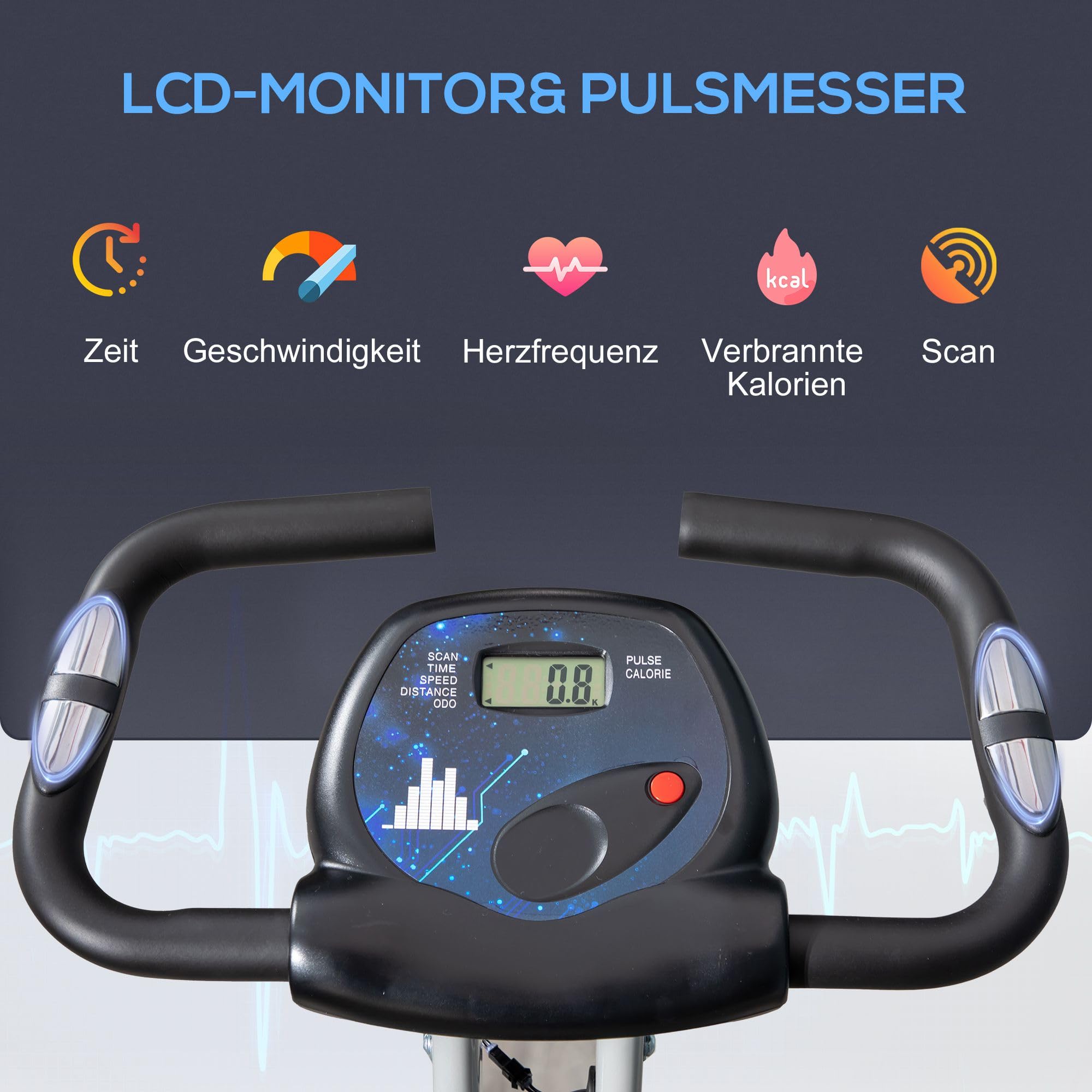 HOMCOM Heimtrainer Fahrradtrainer klappbar Magnetisch Hometrainer Fahrrad mit LCD Monitor, 8 stufig einstellbarem Magnetwiderstand Räder, Leise Platzsparend Fitnessbikes für Zuhause
