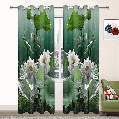 Yanyan Art Lotus Curtains for Living Room Landscpe Blackout Window Curtain for Bedroom Aesthetic Room Decor Scenery Cortinas 2 Panels WxH2x63x72inch