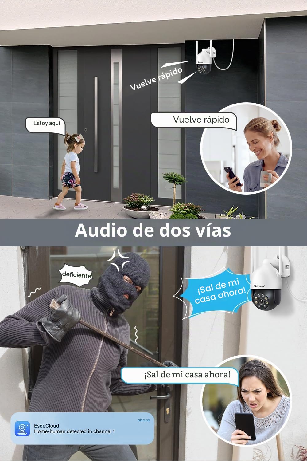 【5MP+360°PTZ】 Jennov Kit Cámaras de Vigilancia, 10CH 5MP NVR y 4X 5MP Cámara PTZ WiFi con Visión Nocturna en Color, Audio Bidireccional, Grabación 24/7, Detección de Personas, Seguimiento Automático