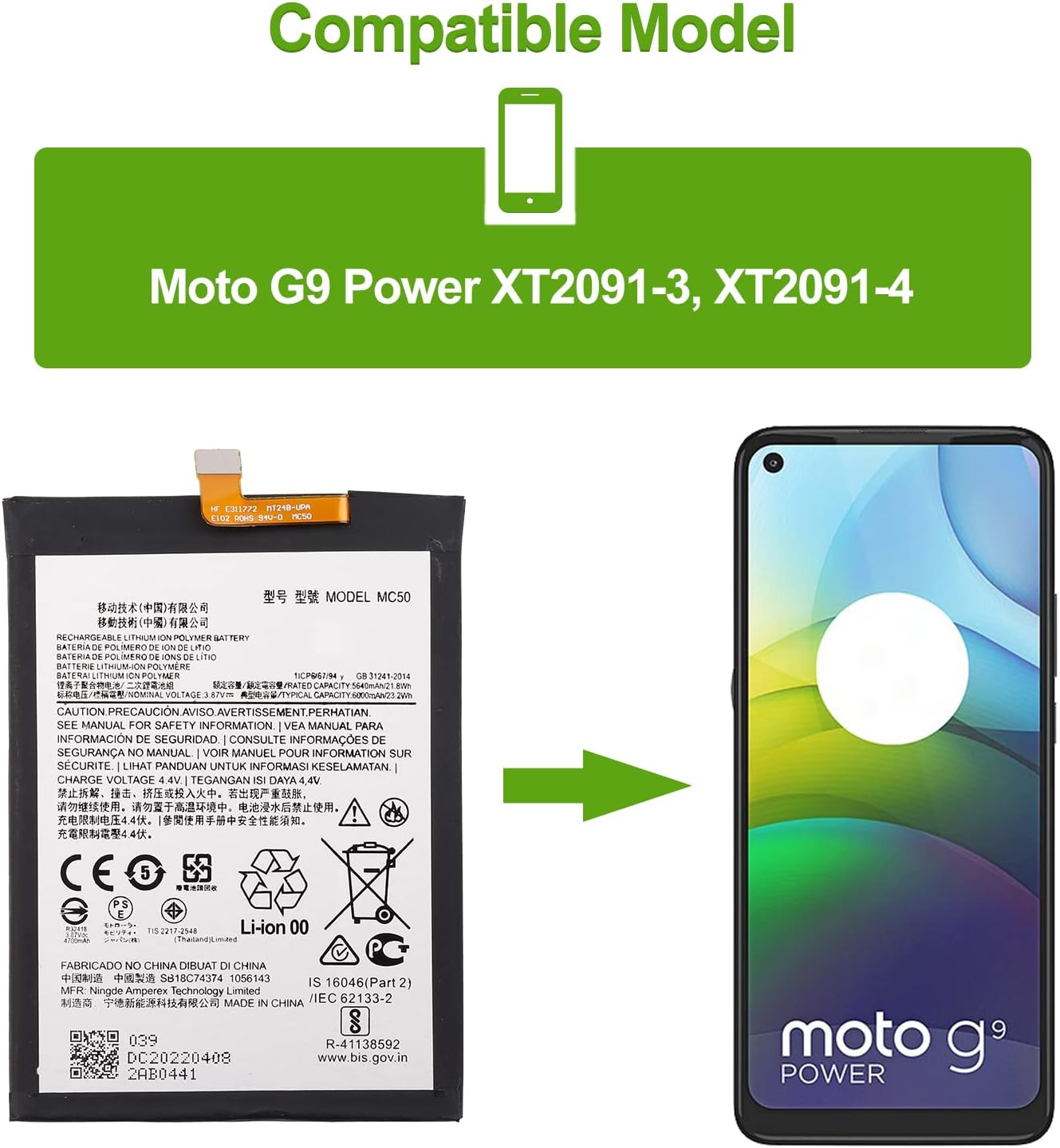 Replacement Battery Compatible with Motorola G9 Power/G60/G40 Fusion MC50 with Toolkit