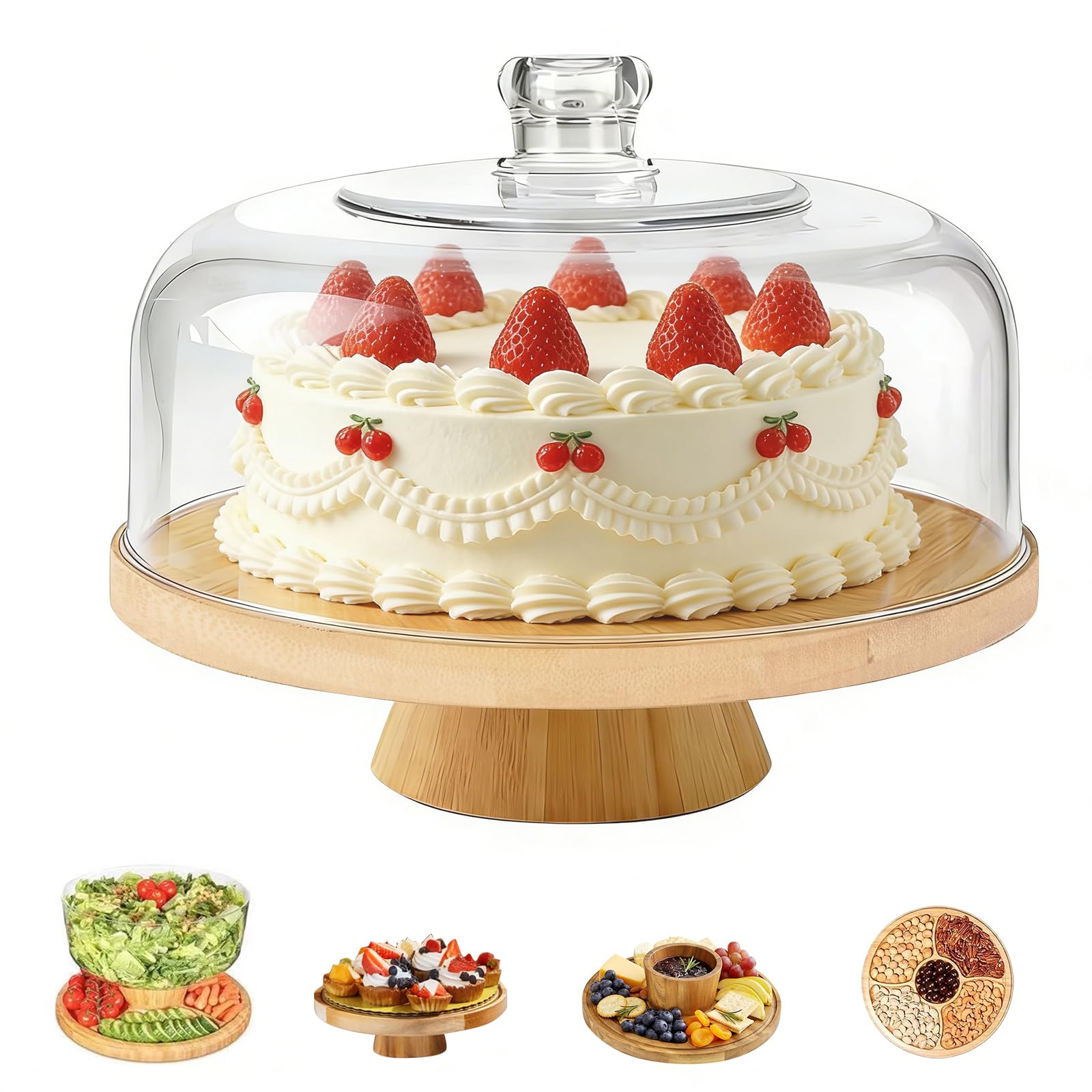 Tortenplatte mit Deckel,Kuchenständer aus Bambus und Holz,Tortenständer mit Fuß,2-in-1 Dessert-Display-Set & Charcuterie-Brett für Hochzeiten, Partys, Bäckereien